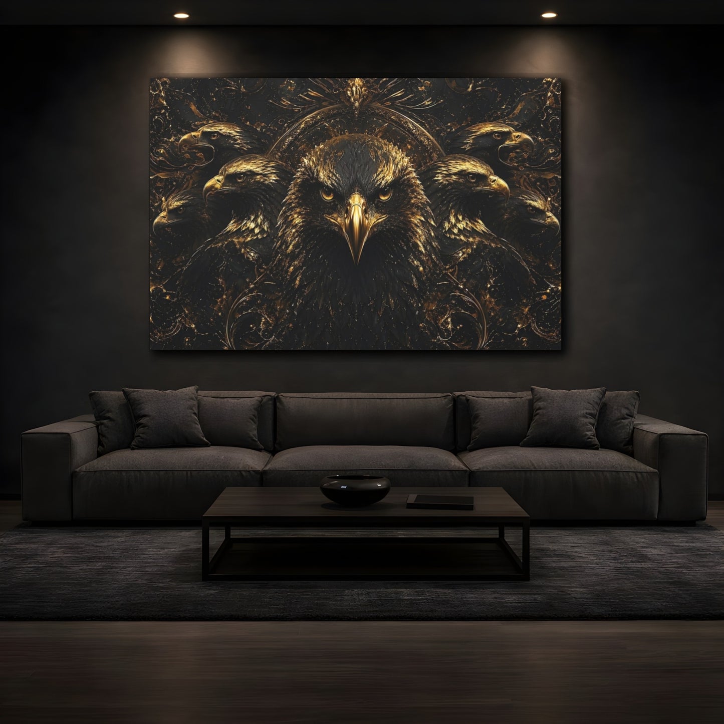 Mockup 4. Animals Eagle Black And Gold shown as stretched canvas wall art