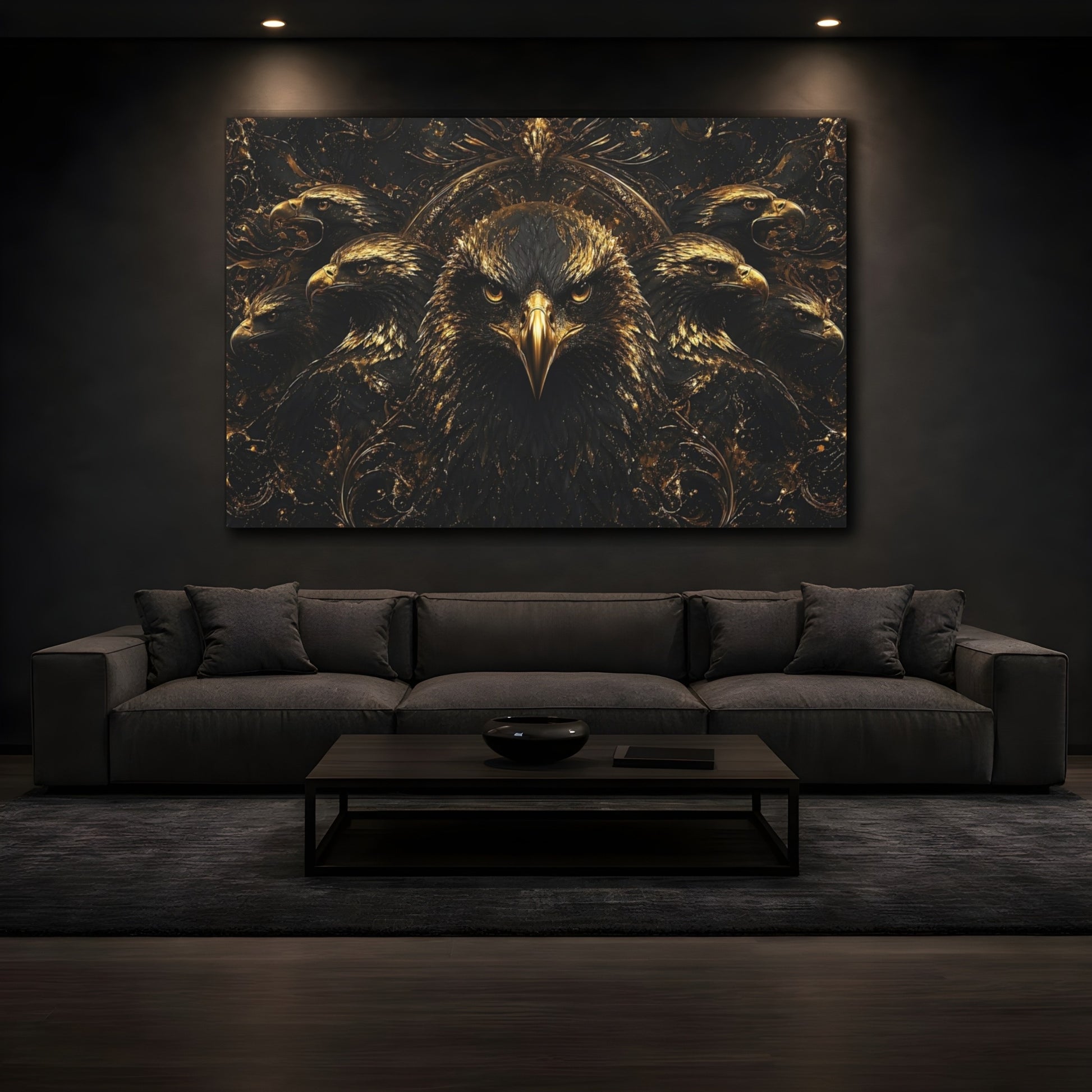Mockup 4. Animals Eagle Black And Gold shown as stretched canvas wall art