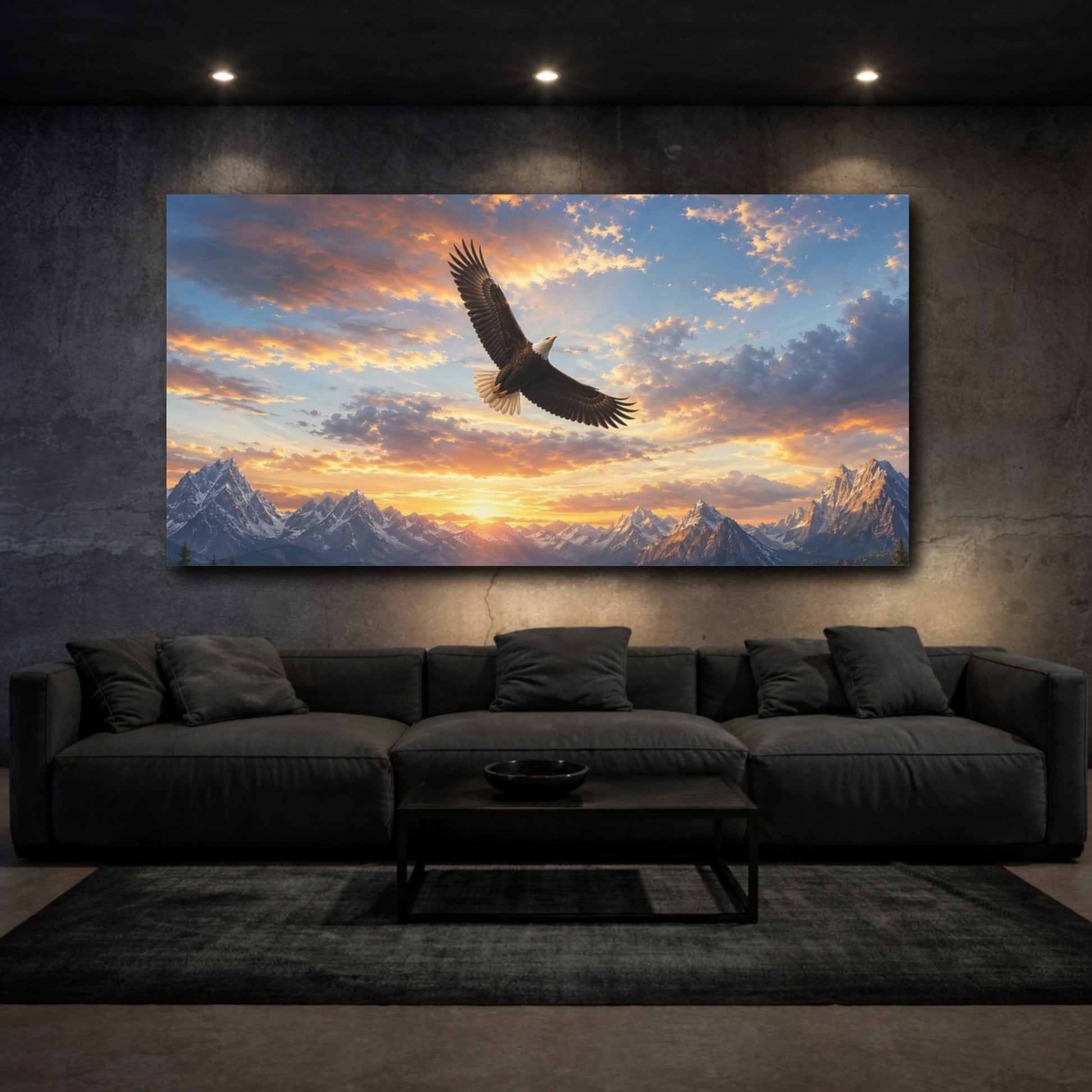 Mockup 2. Animals Eagle Eagle Mountain Sunset shown as stretched canvas wall art