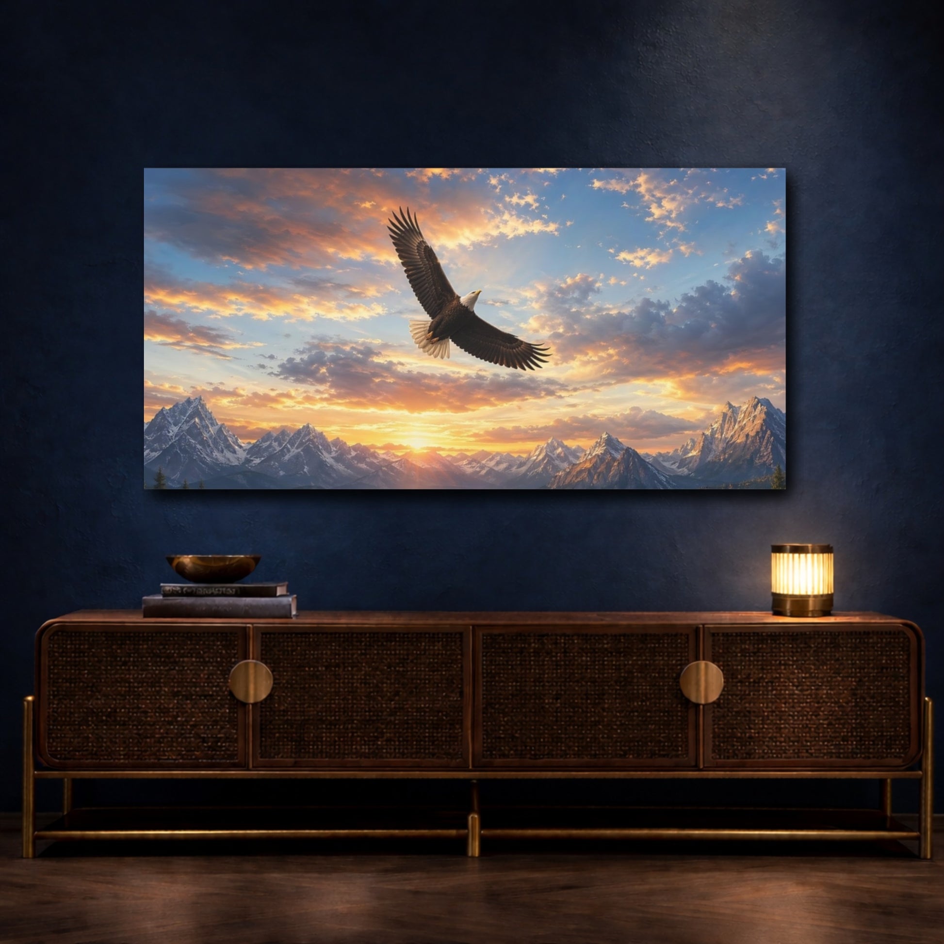 Mockup 4. Animals Eagle Eagle Mountain Sunset shown as stretched canvas wall art