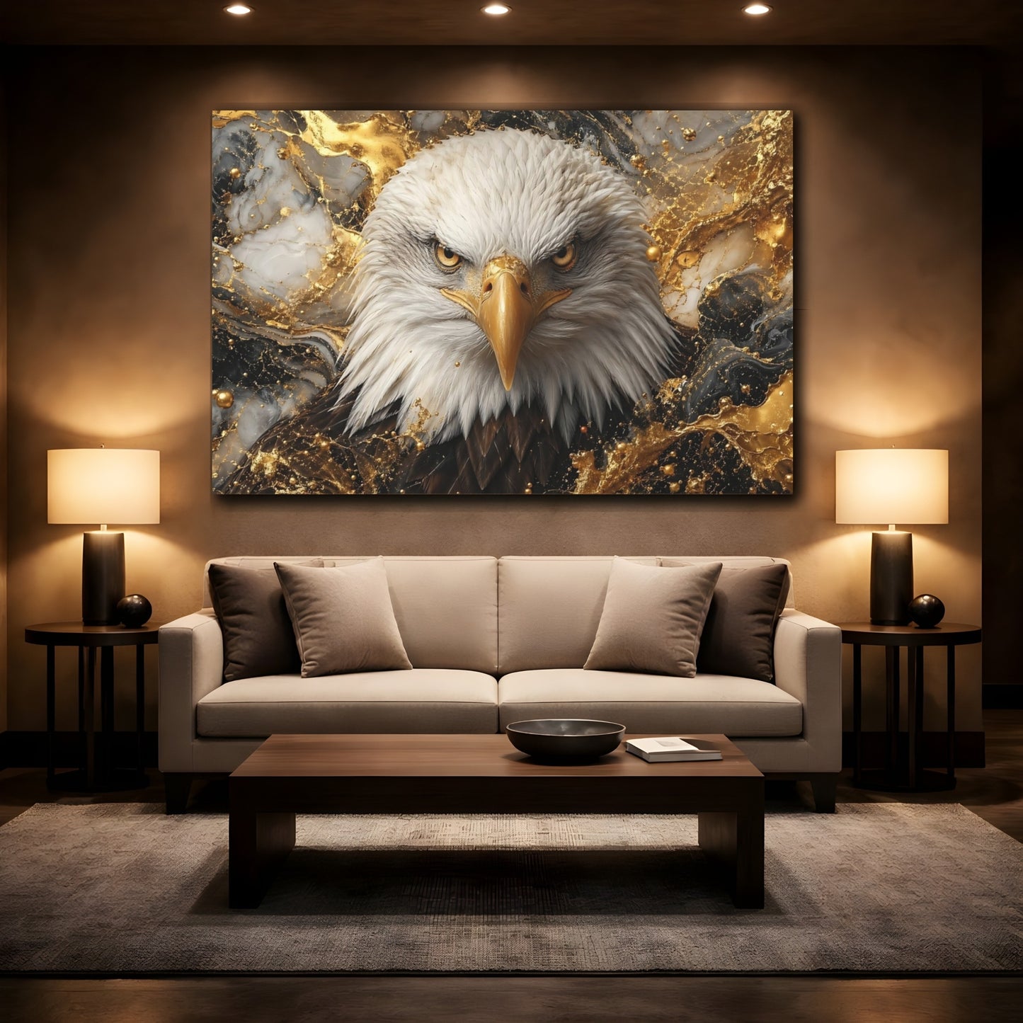 Mockup 2. Animals Eagle Gold Black Eagle shown as stretched canvas wall art