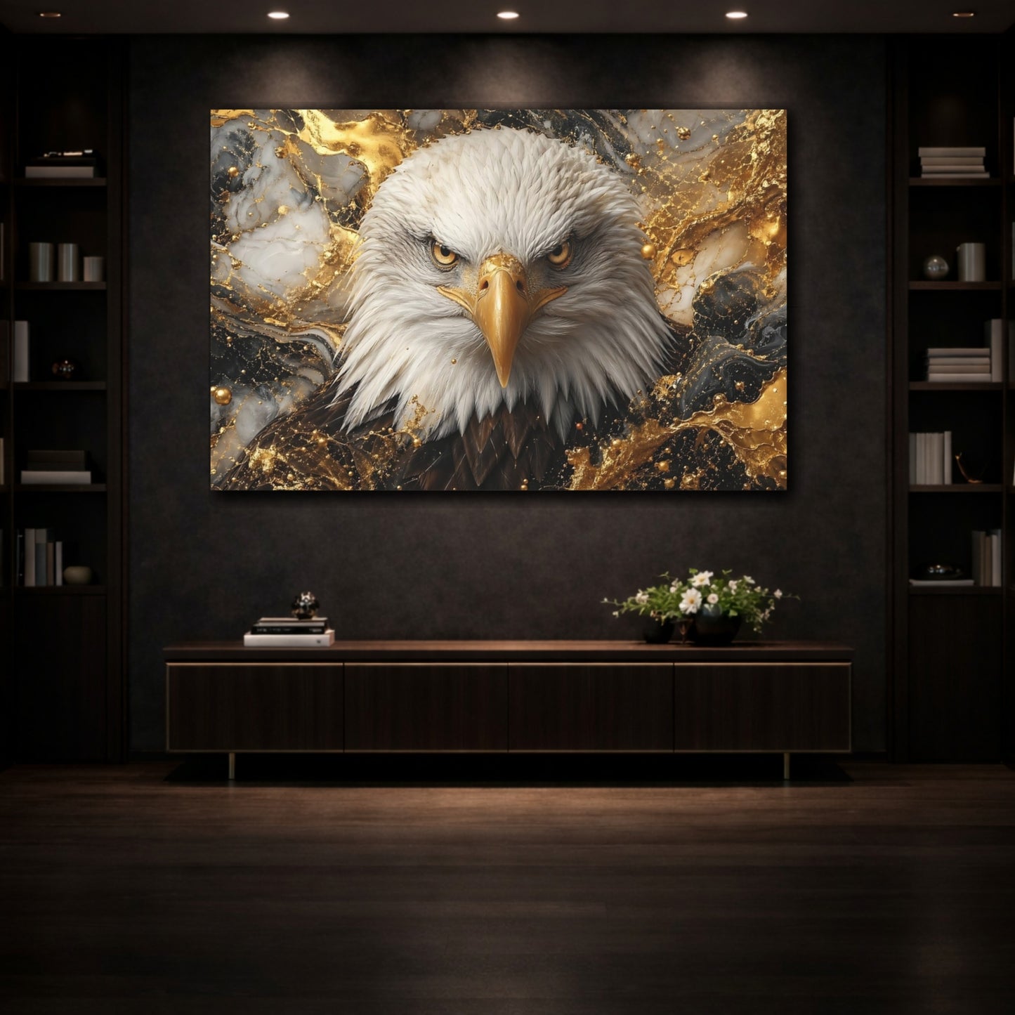 Mockup 3. Animals Eagle Gold Black Eagle shown as stretched canvas wall art