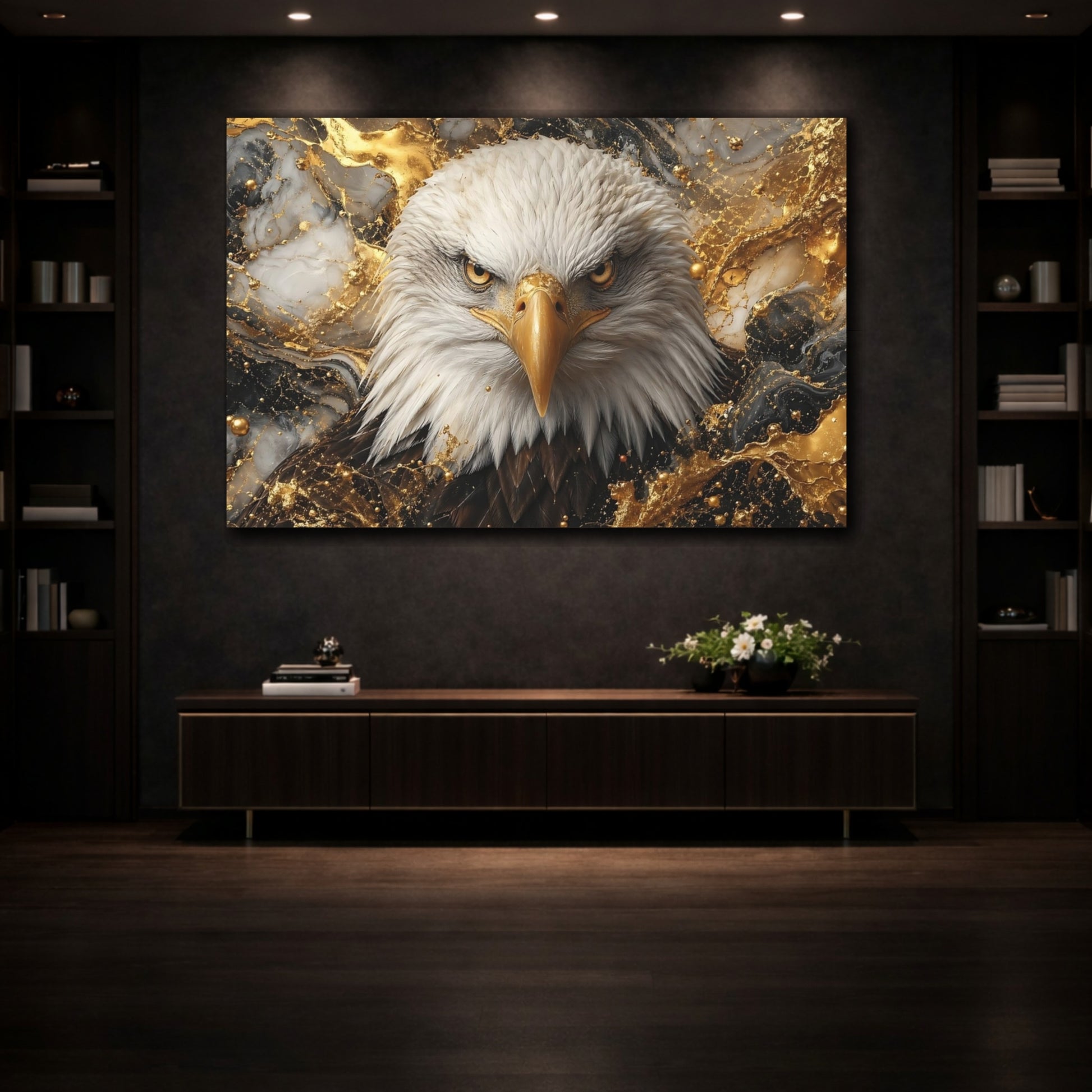 Mockup 3. Animals Eagle Gold Black Eagle shown as stretched canvas wall art
