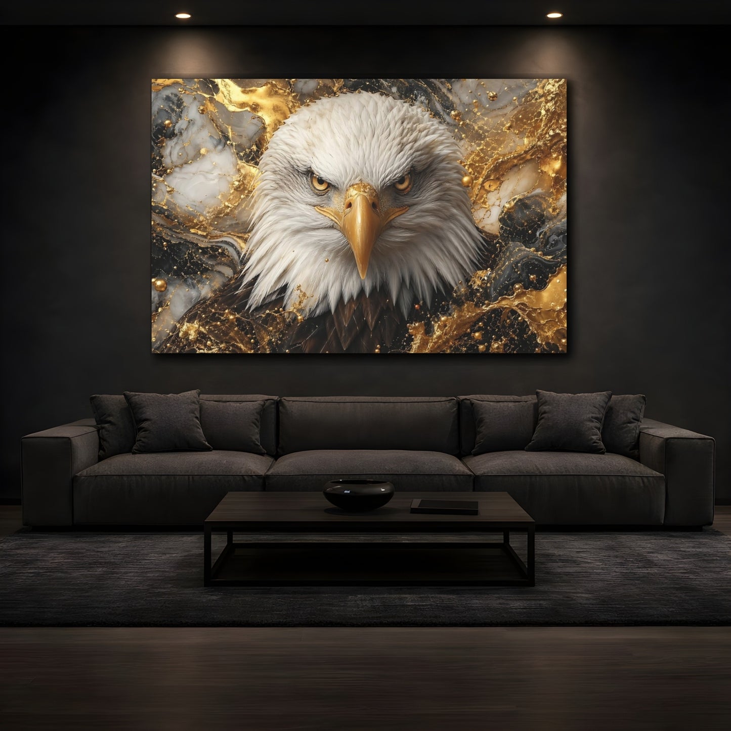 Mockup 4. Animals Eagle Gold Black Eagle shown as stretched canvas wall art