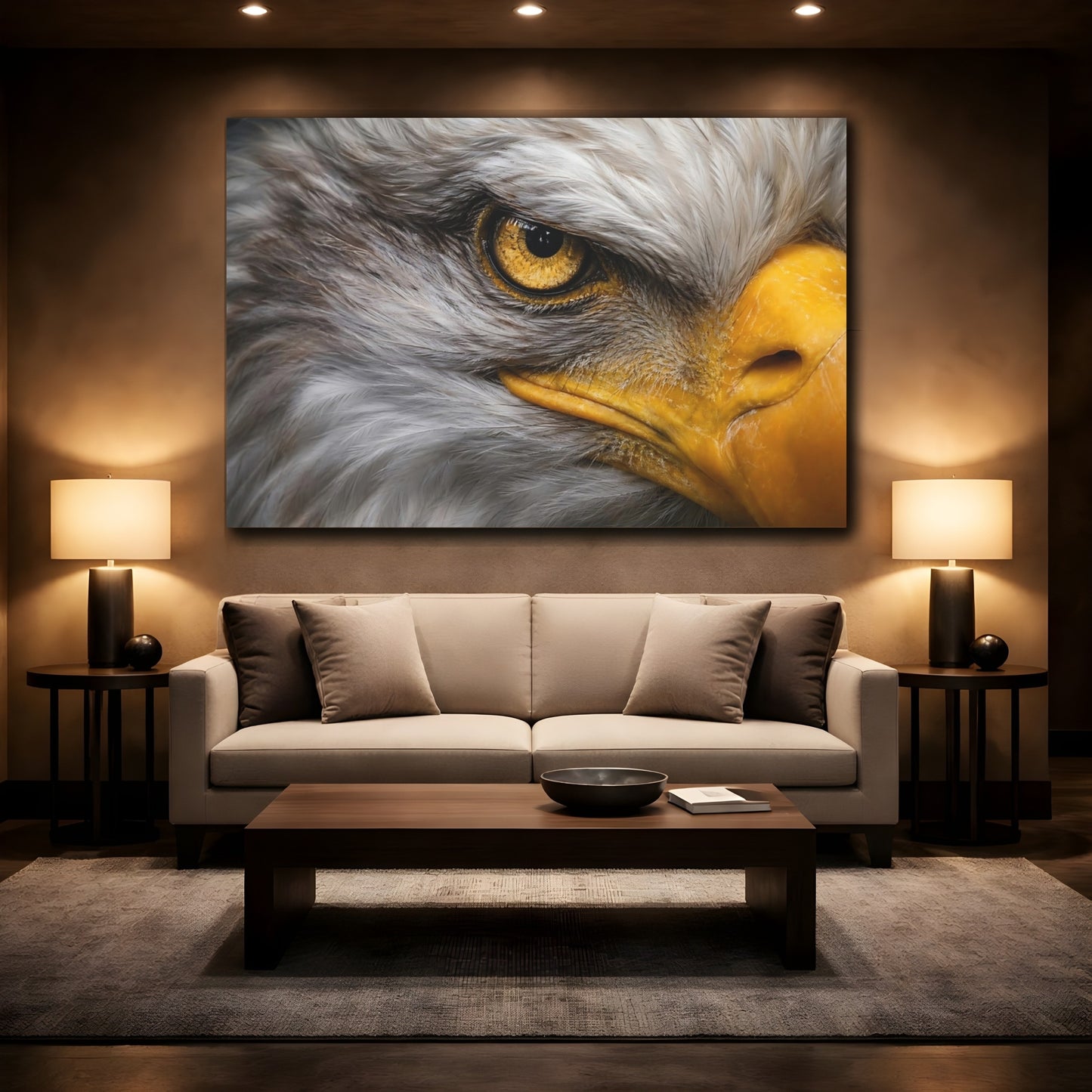 Mockup 2. Animals Eagle Gray And Gold Eagle shown as stretched canvas wall art