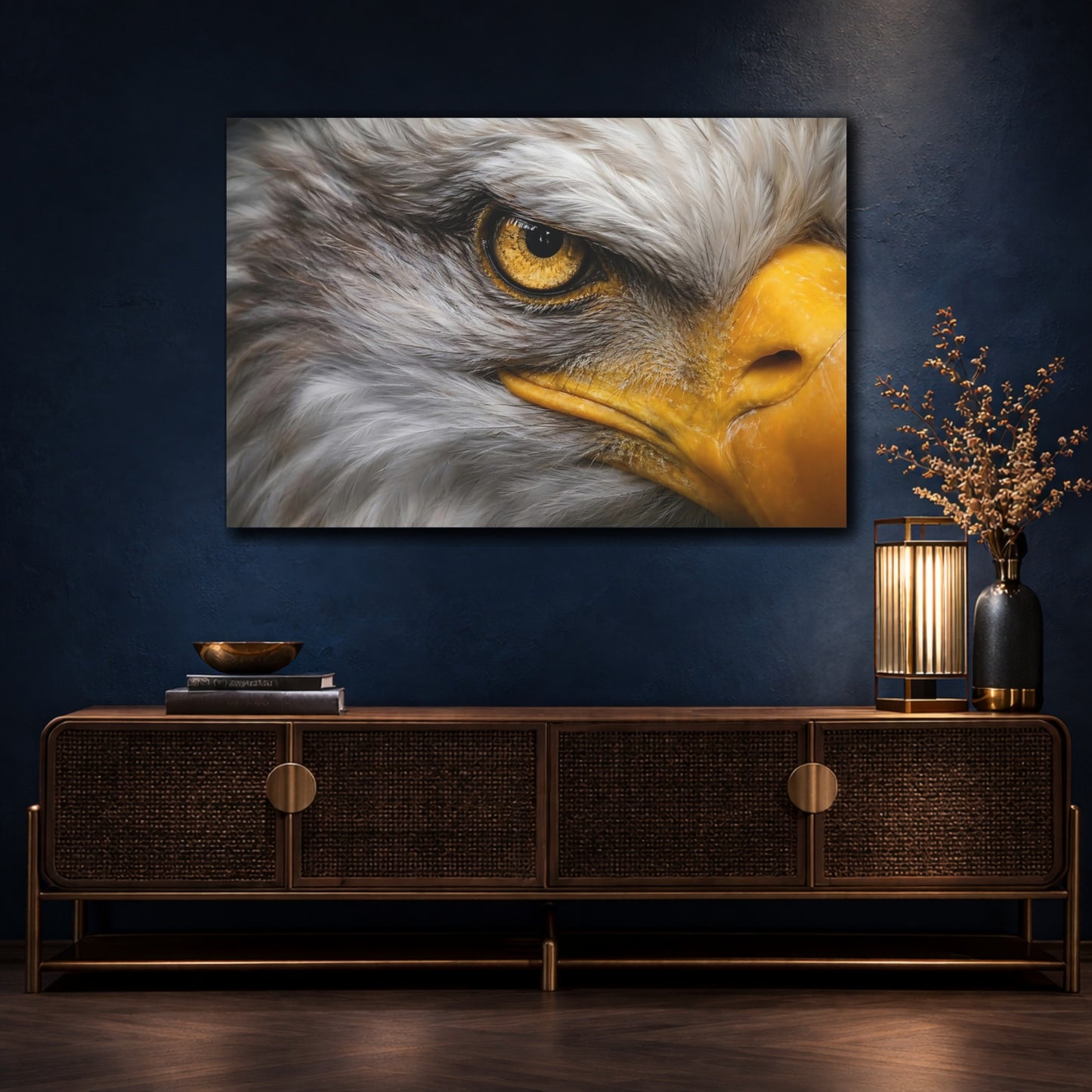 Mockup 4. Animals Eagle Gray And Gold Eagle shown as stretched canvas wall art