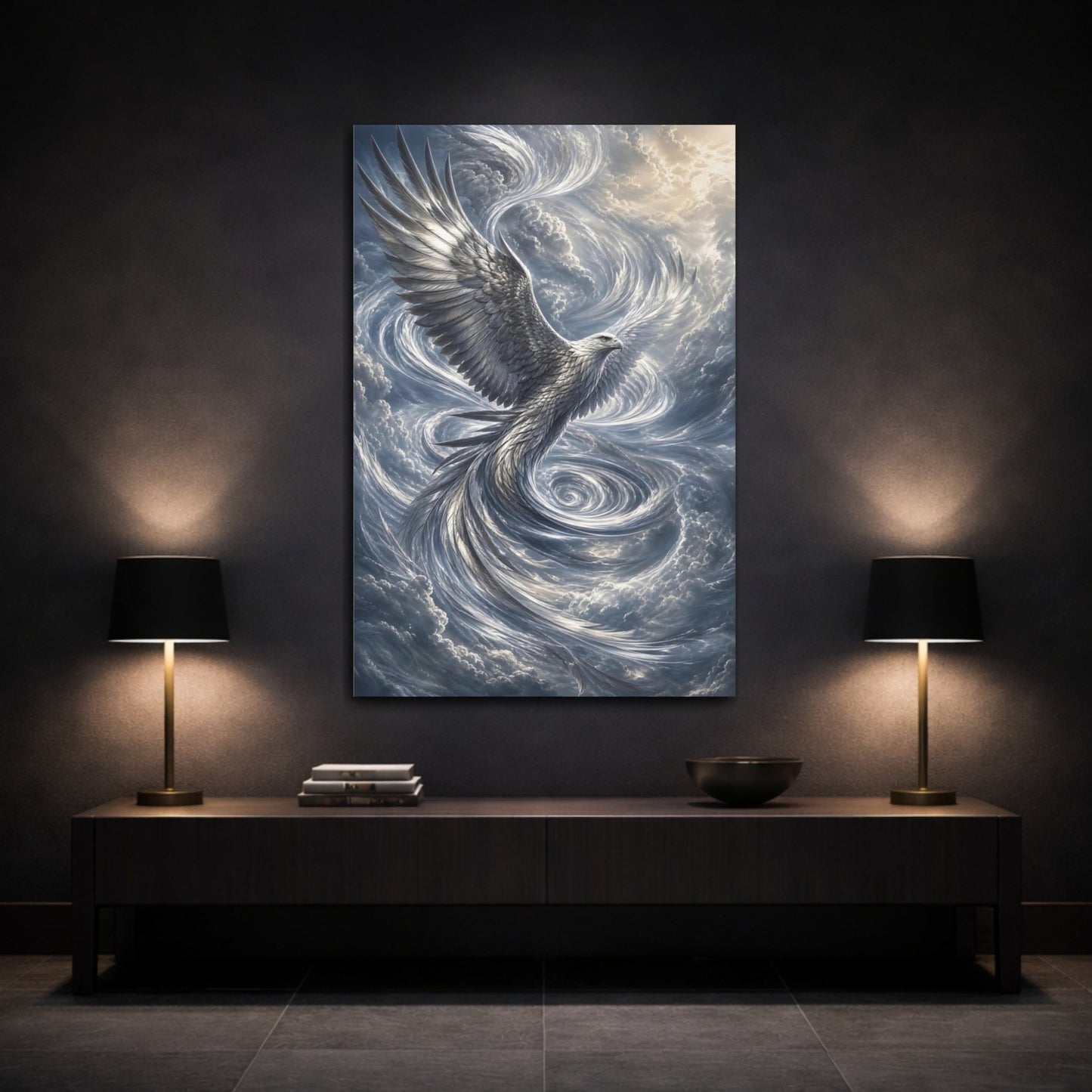 Animals Eagle Silver Canvas Wall Art Print – Fantasy Living Room, Above Couch - YesArtYes