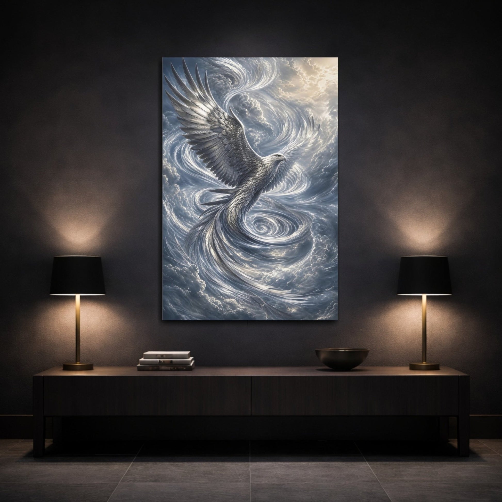 Animals Eagle Silver Canvas Wall Art Print – Fantasy Living Room, Above Couch - YesArtYes