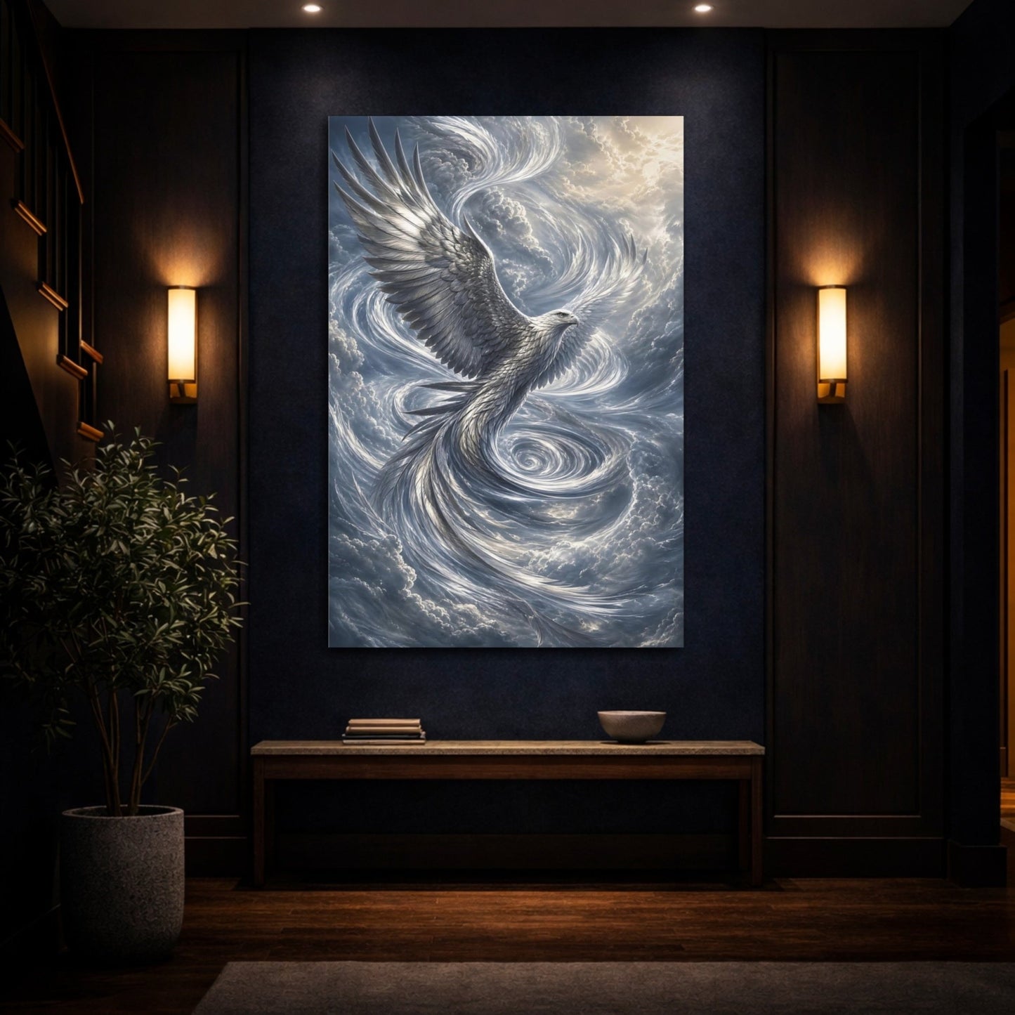 Animals Eagle Silver Canvas Wall Art Print – Fantasy Living Room, Above Couch - YesArtYes