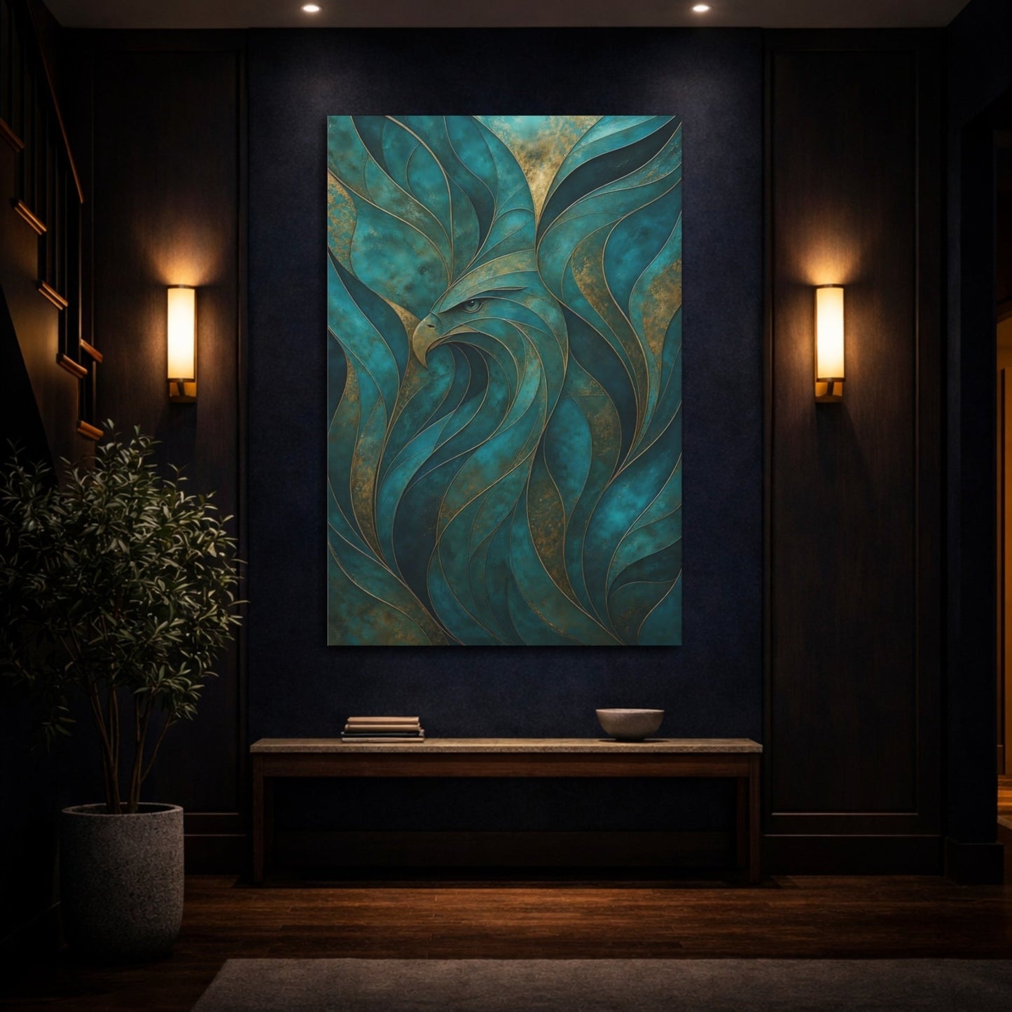 Animals Eagle Teal And Gold Canvas Wall Art Print – Living Room Decor, Above Fireplace - YesArtYes