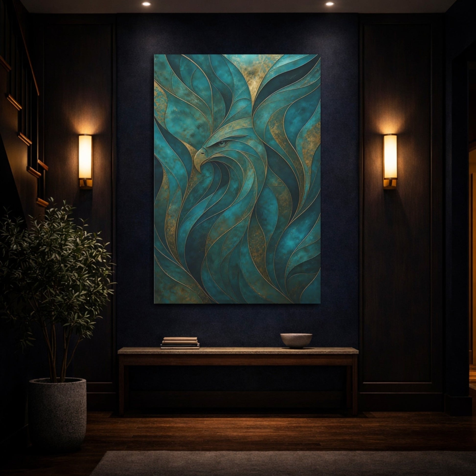 Animals Eagle Teal And Gold Canvas Wall Art Print – Living Room Decor, Above Fireplace - YesArtYes