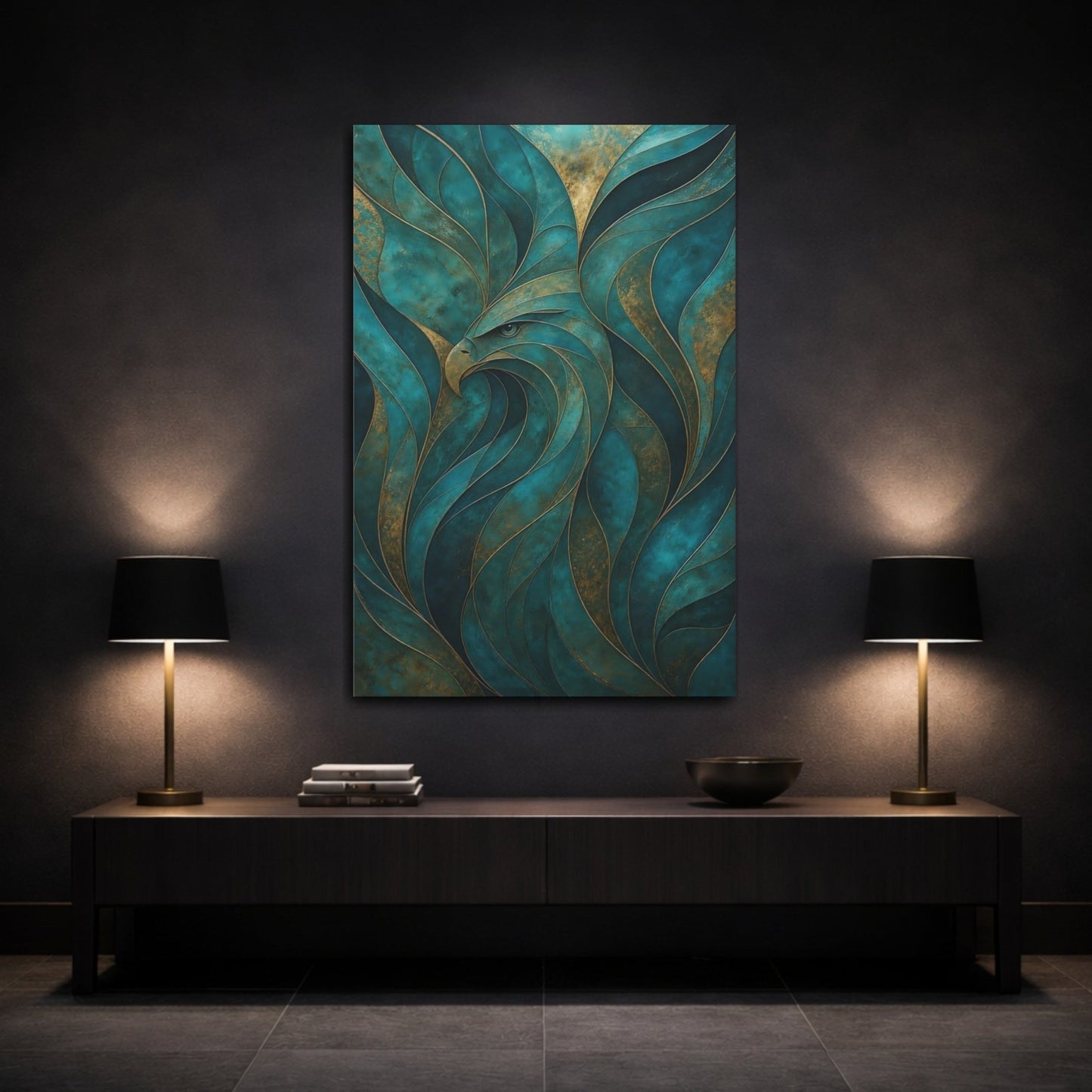 Animals Eagle Teal And Gold Canvas Wall Art Print – Living Room Decor, Above Fireplace - YesArtYes