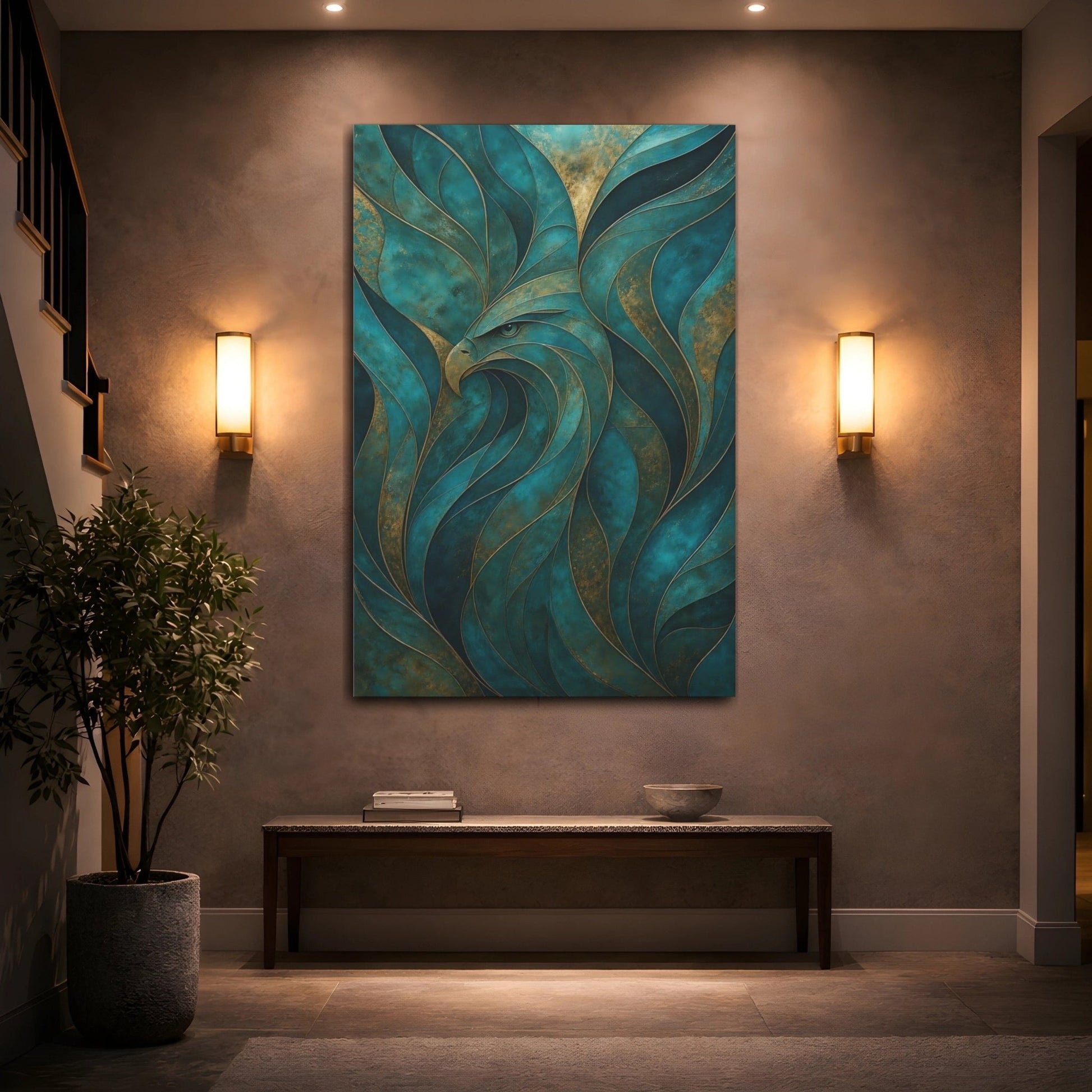 Animals Eagle Teal And Gold Canvas Wall Art Print – Living Room Decor, Above Fireplace - YesArtYes