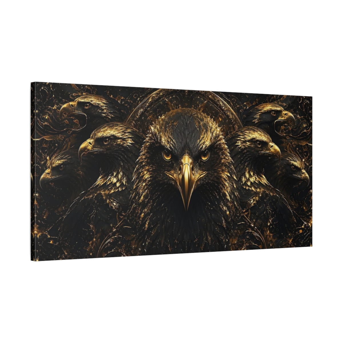 Main Mockup. Animals Eagles Black And Gold shown as stretched canvas wall art