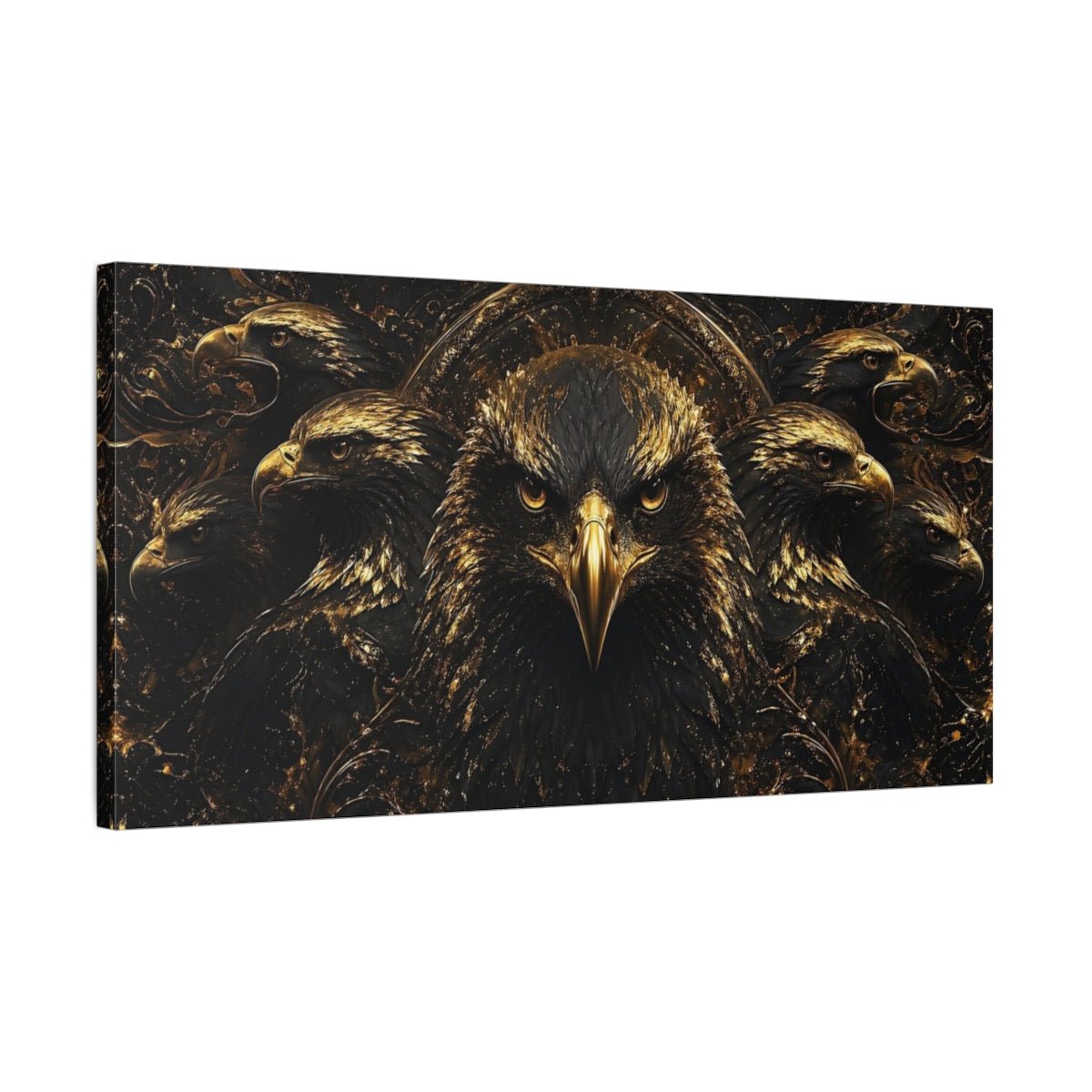 Side Mockup 1. Animals Eagles Black And Gold shown as stretched canvas wall art