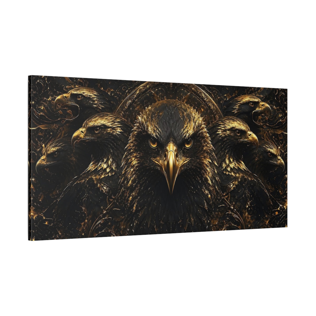 Side Mockup 2. Animals Eagles Black And Gold shown as stretched canvas wall art