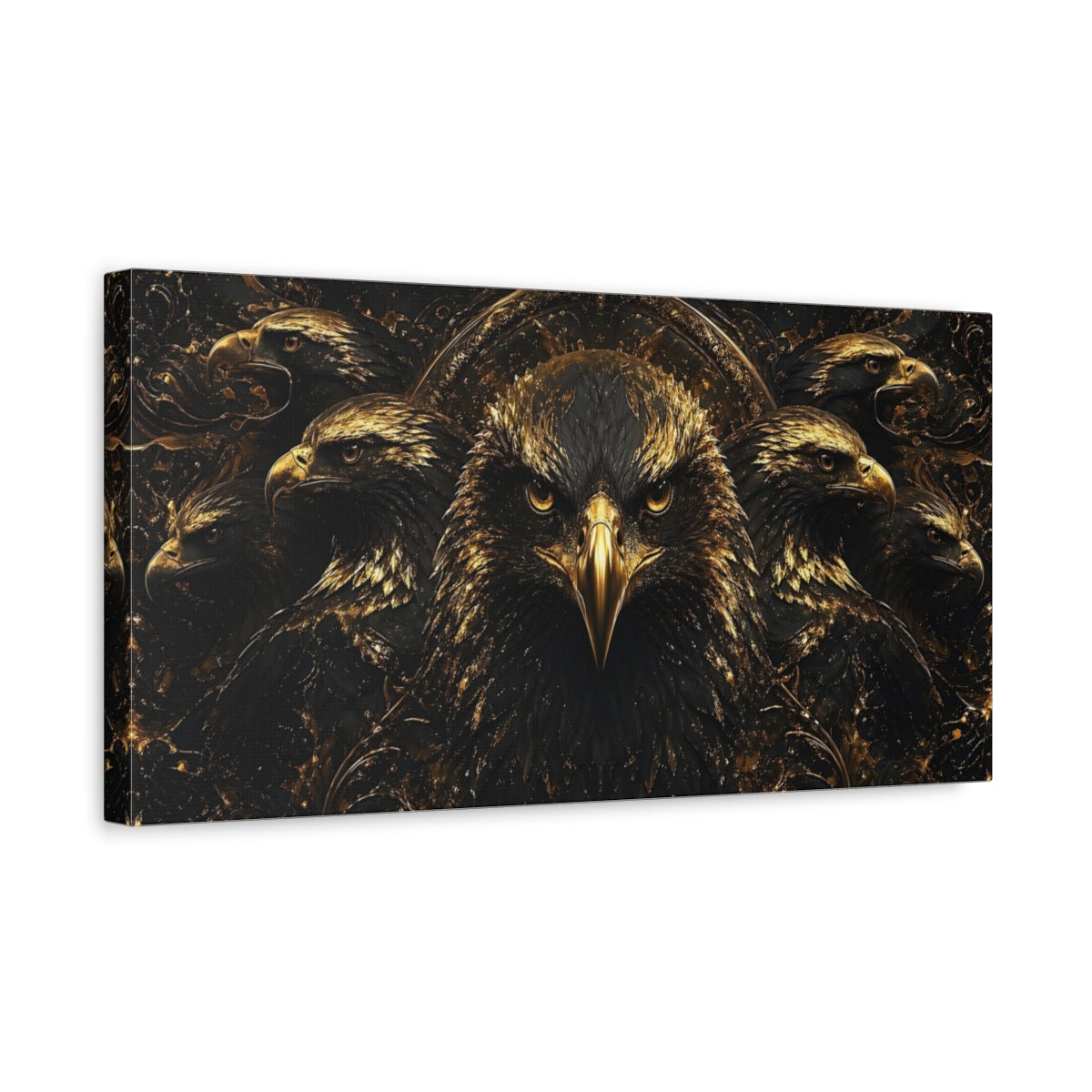 Side Mockup 3. Animals Eagles Black And Gold shown as stretched canvas wall art