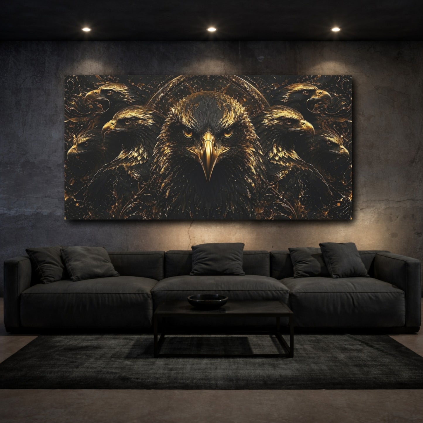 Mockup 2. Animals Eagles Black And Gold shown as stretched canvas wall art