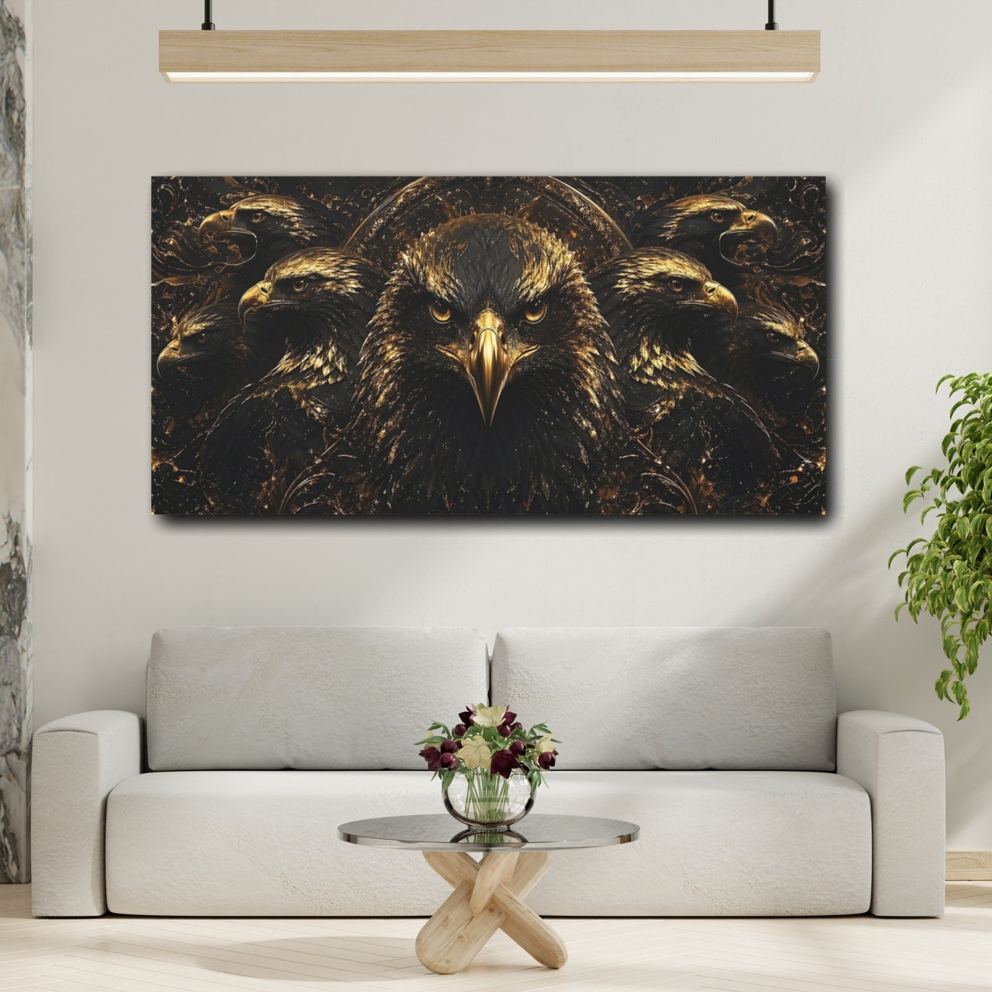 Mockup 3. Animals Eagles Black And Gold shown as stretched canvas wall art