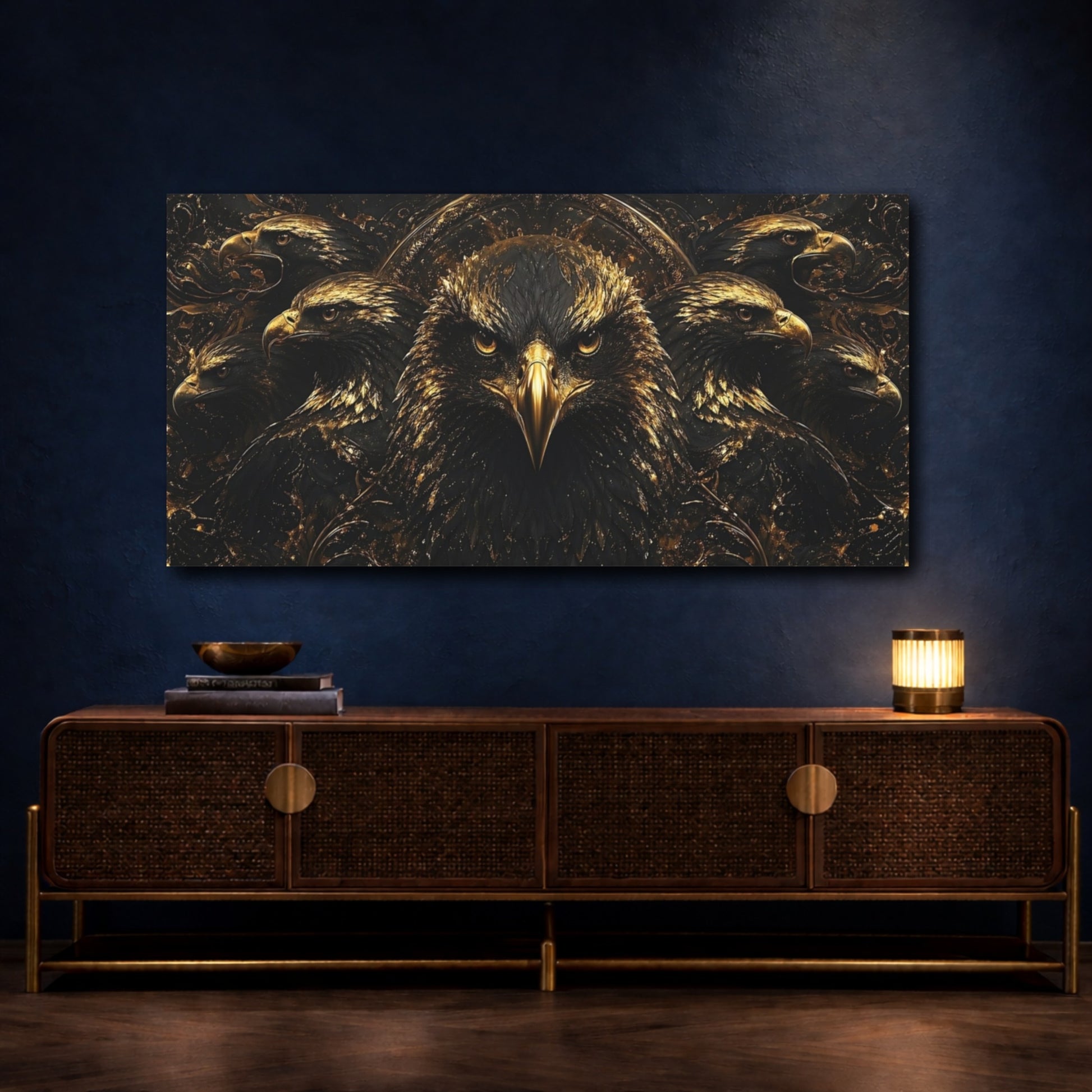 Mockup 4. Animals Eagles Black And Gold shown as stretched canvas wall art