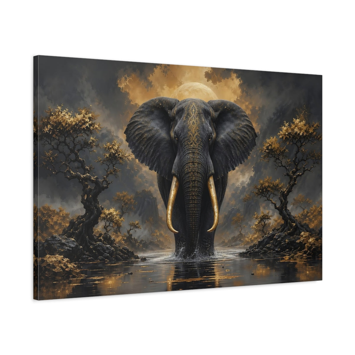 Main Mockup. Animals Elephant Black And Gold shown as stretched canvas wall art