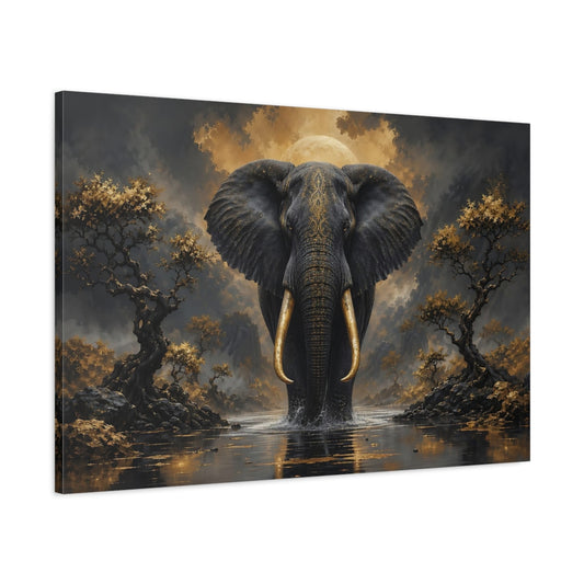 Main Mockup. Animals Elephant Black And Gold shown as stretched canvas wall art