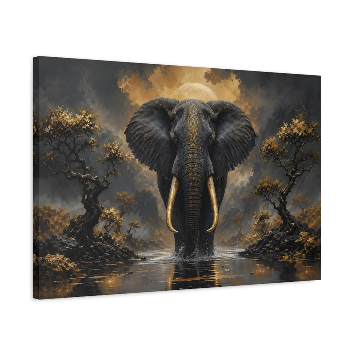 Side Mockup 2. Animals Elephant Black And Gold shown as stretched canvas wall art