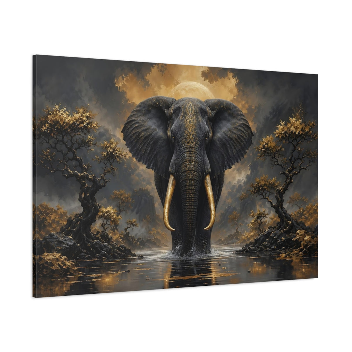 Side Mockup 1. Animals Elephant Black And Gold shown as stretched canvas wall art
