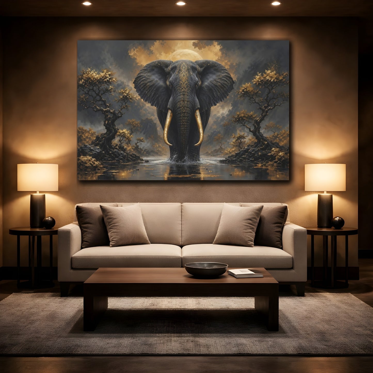 Mockup 2. Animals Elephant Black And Gold shown as stretched canvas wall art