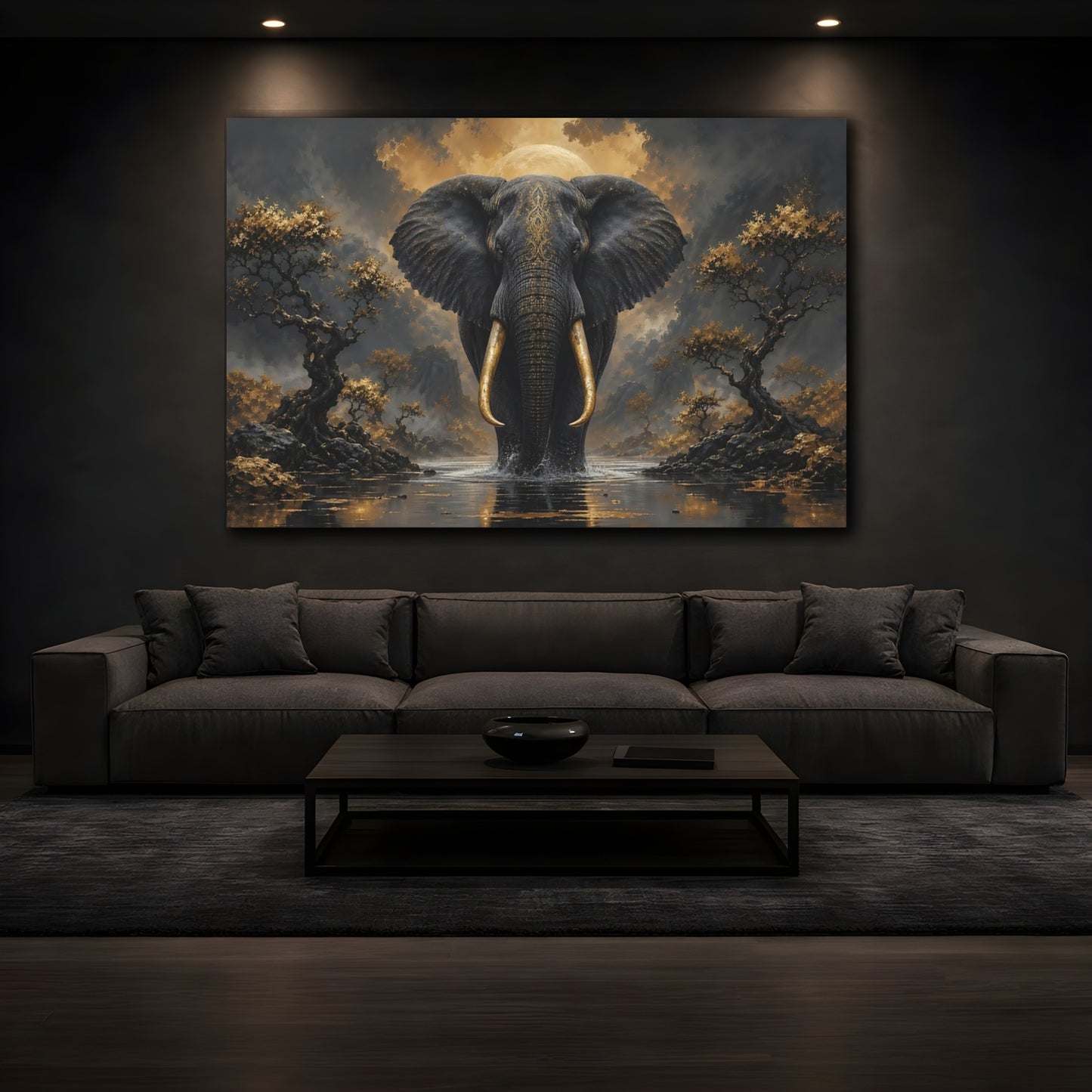 Mockup 3. Animals Elephant Black And Gold shown as stretched canvas wall art