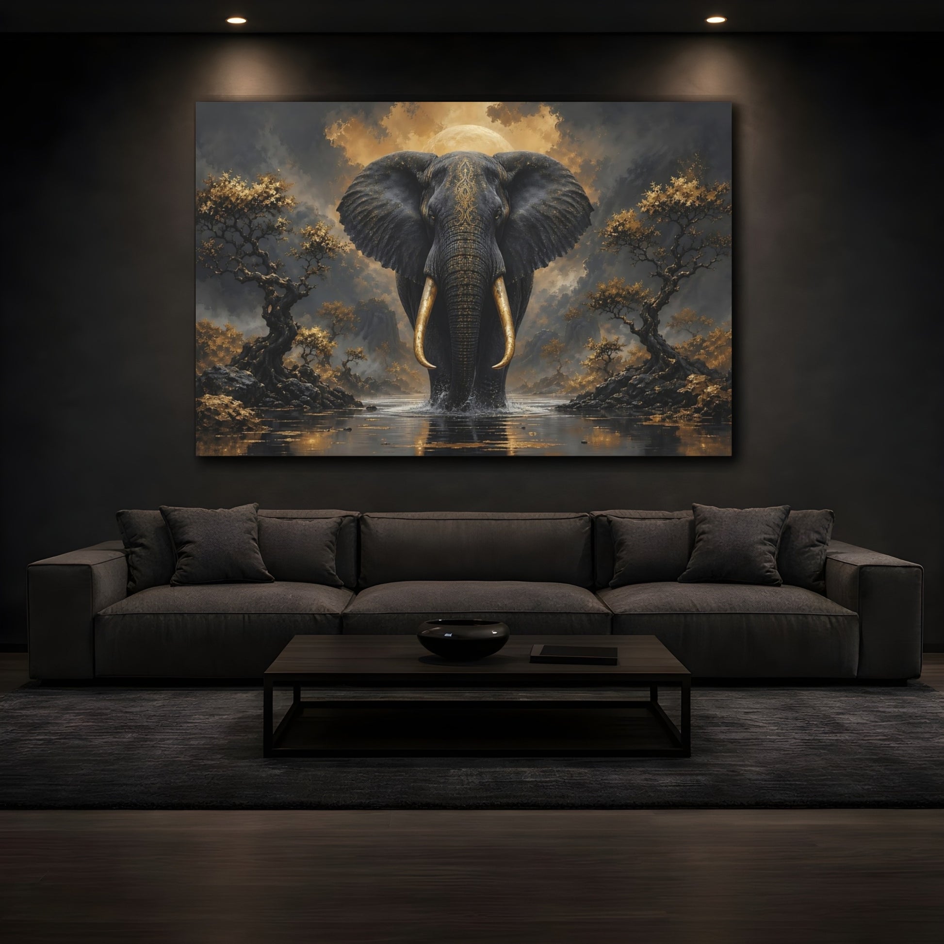Mockup 3. Animals Elephant Black And Gold shown as stretched canvas wall art