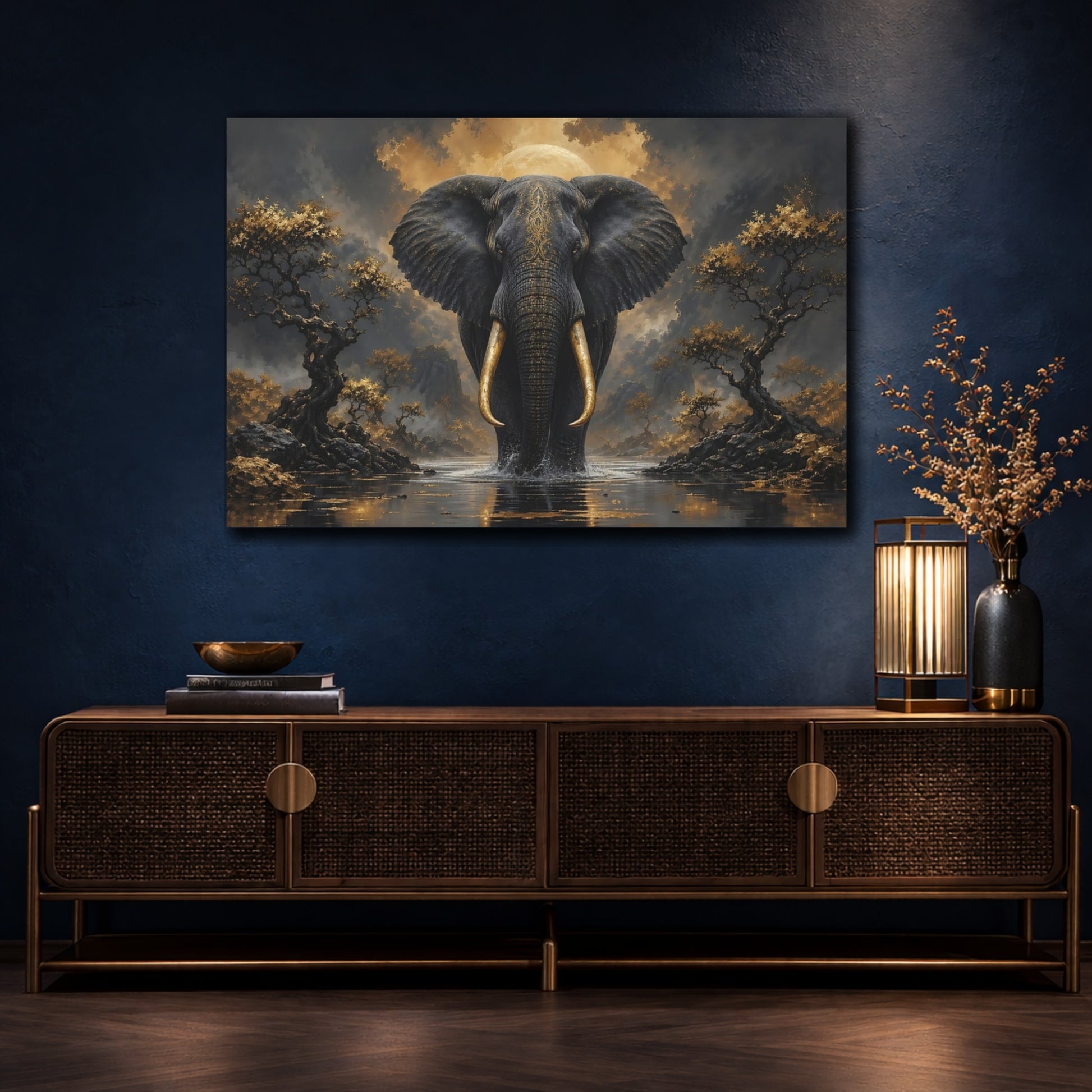 Mockup 4. Animals Elephant Black And Gold shown as stretched canvas wall art