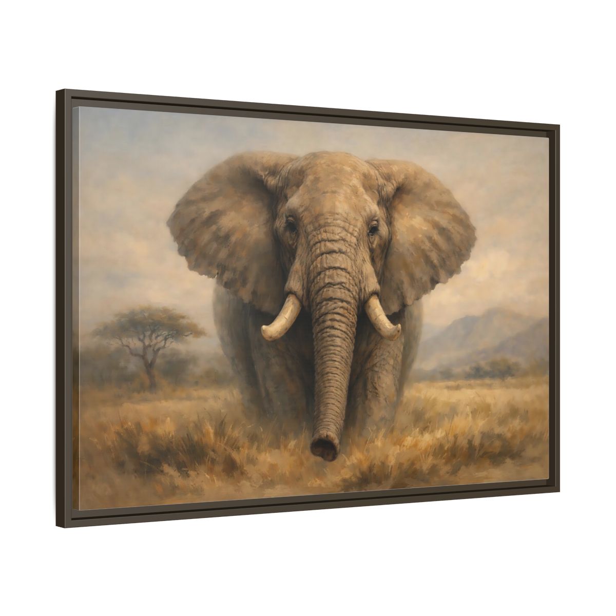 Side Mockup 9. Animals Elephant Brown And Beige shown as stretched canvas wall art