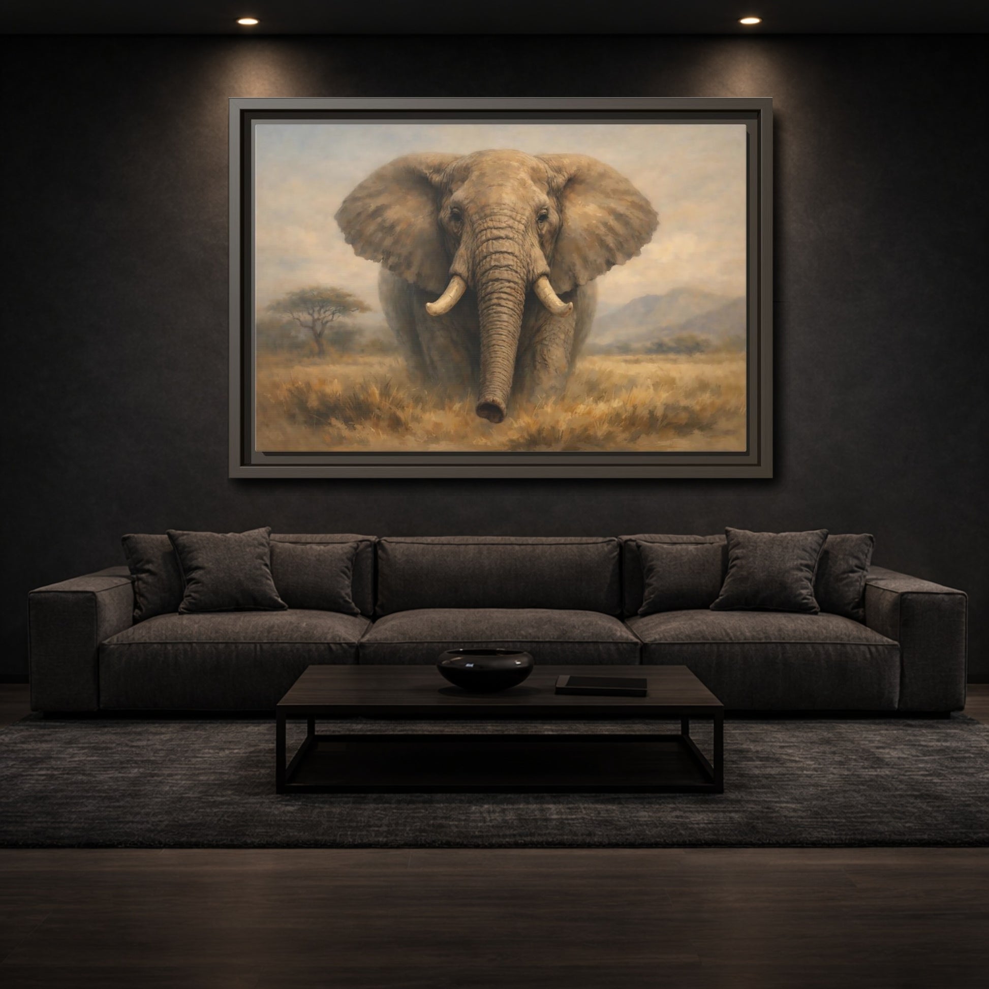 Mockup 2. Animals Elephant Brown And Beige shown as stretched canvas wall art