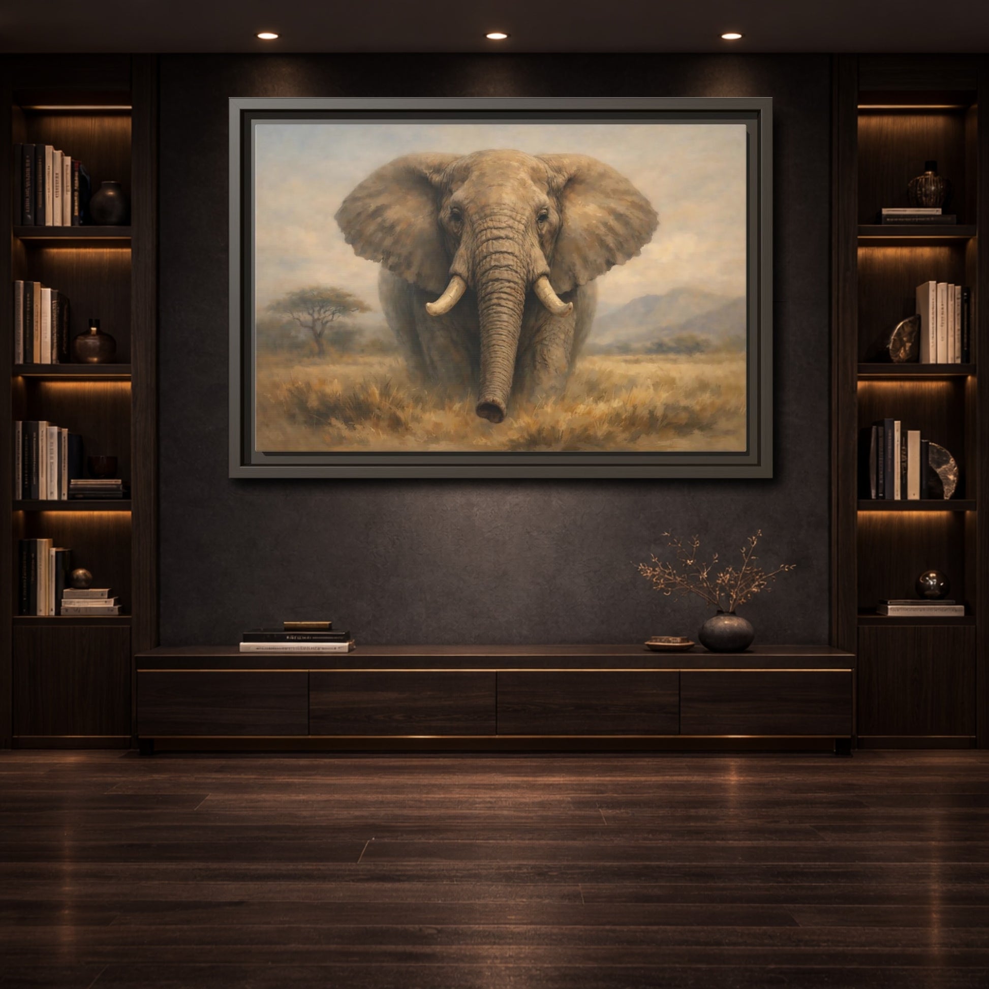Mockup 3. Animals Elephant Brown And Beige shown as stretched canvas wall art