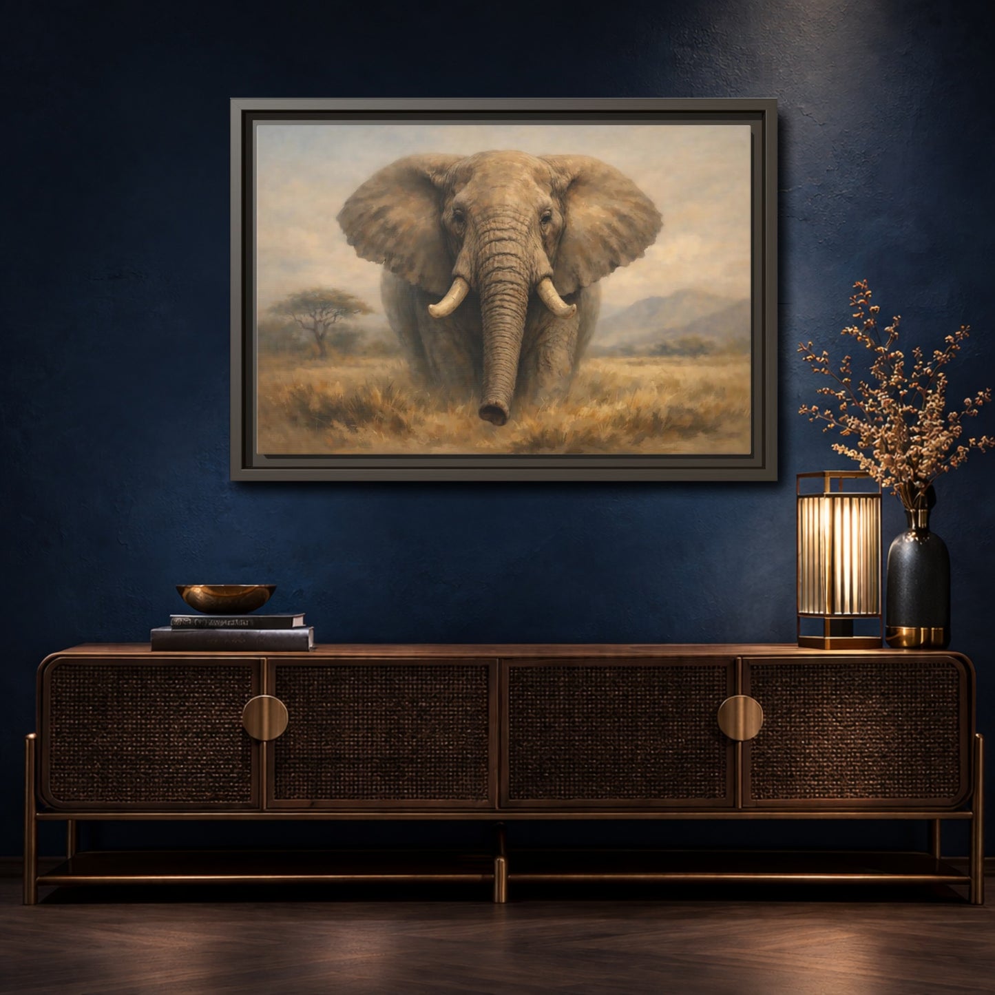 Mockup 4. Animals Elephant Brown And Beige shown as stretched canvas wall art