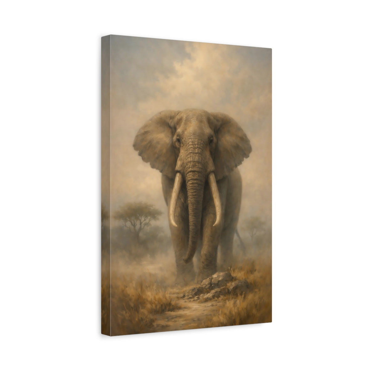 Side Mockup 4. Animals Elephant Brown And Tan shown as stretched canvas wall art