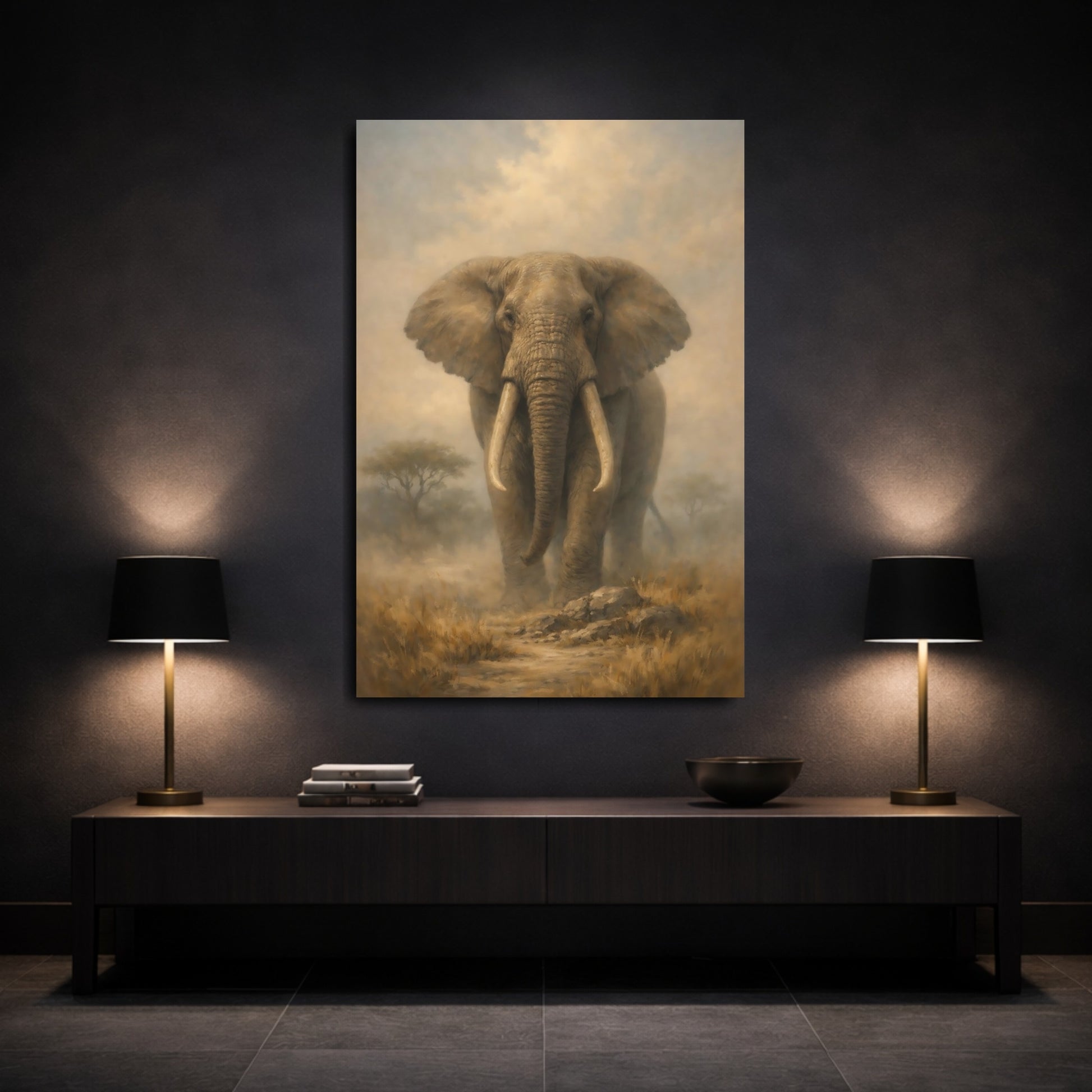 Mockup 2. Animals Elephant Brown And Tan shown as stretched canvas wall art