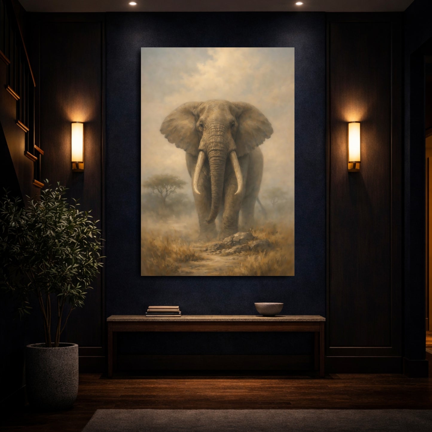 Mockup 3. Animals Elephant Brown And Tan shown as stretched canvas wall art