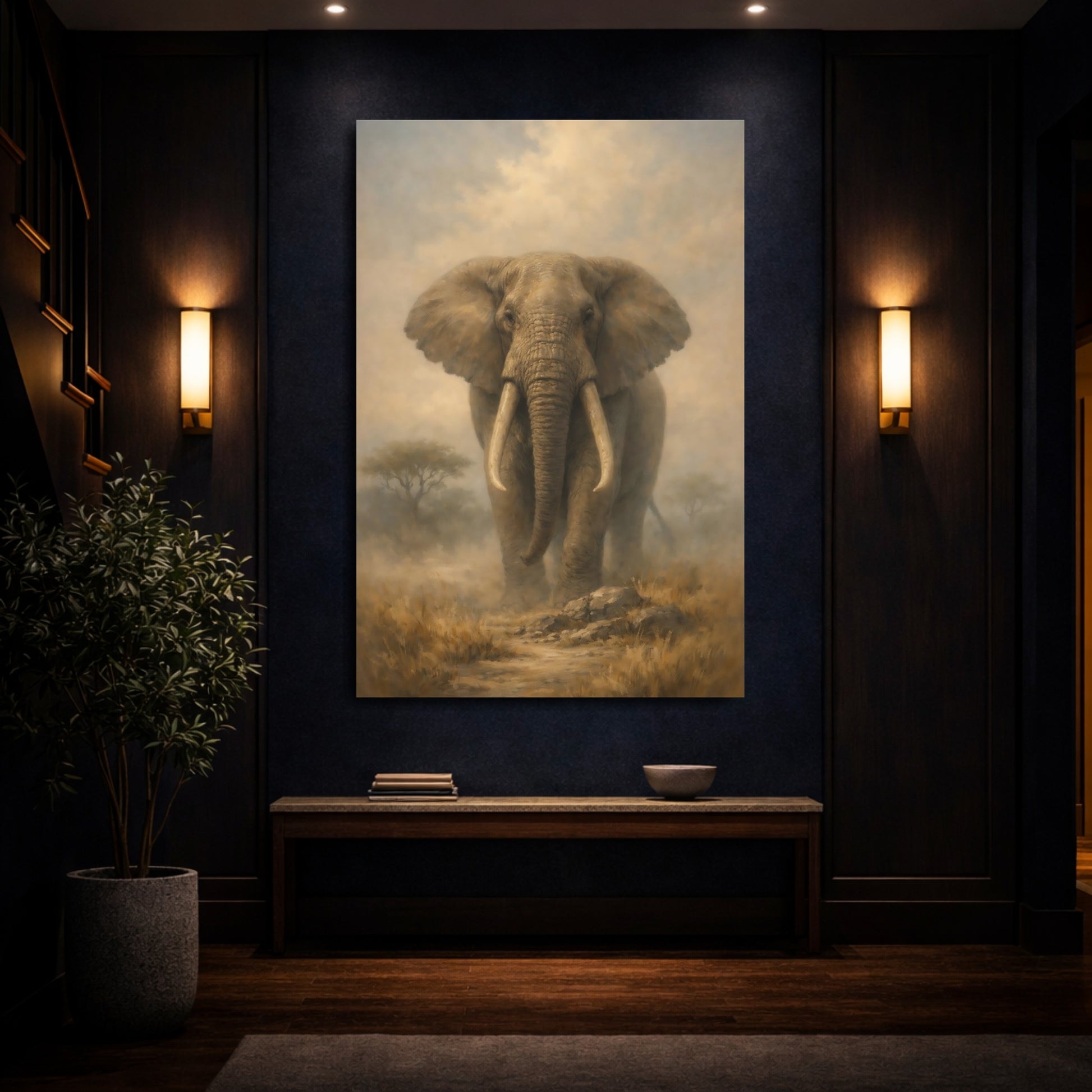 Mockup 3. Animals Elephant Brown And Tan shown as stretched canvas wall art