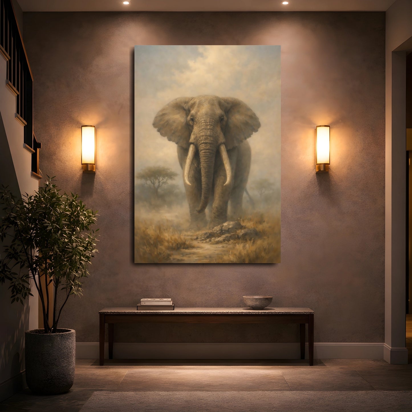 Mockup 4. Animals Elephant Brown And Tan shown as stretched canvas wall art