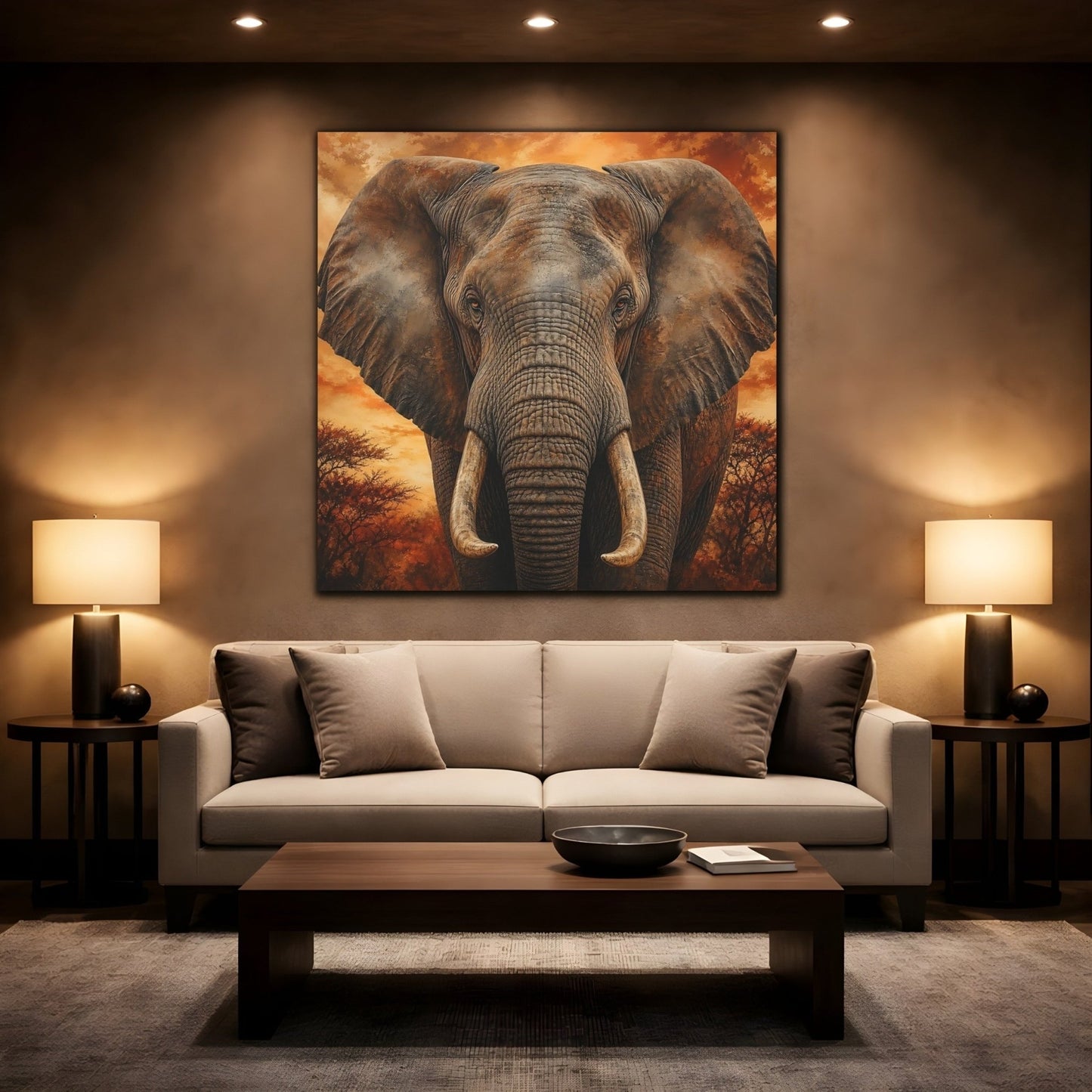 Animals Elephant Brown Orange Canvas Print Wall Art – realistic Living Room, Above Fireplace - YesArtYes