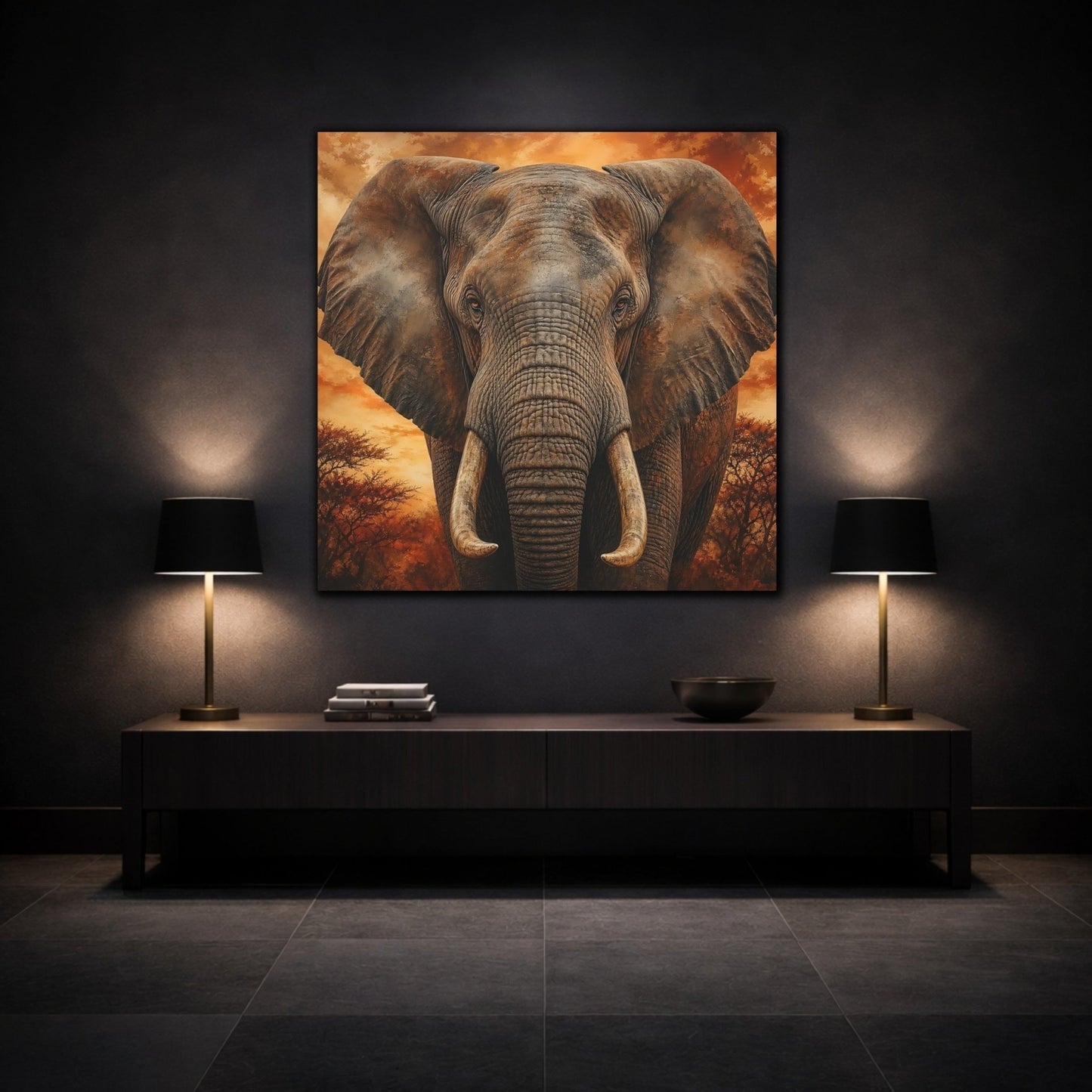 Animals Elephant Brown Orange Canvas Print Wall Art – realistic Living Room, Above Fireplace - YesArtYes