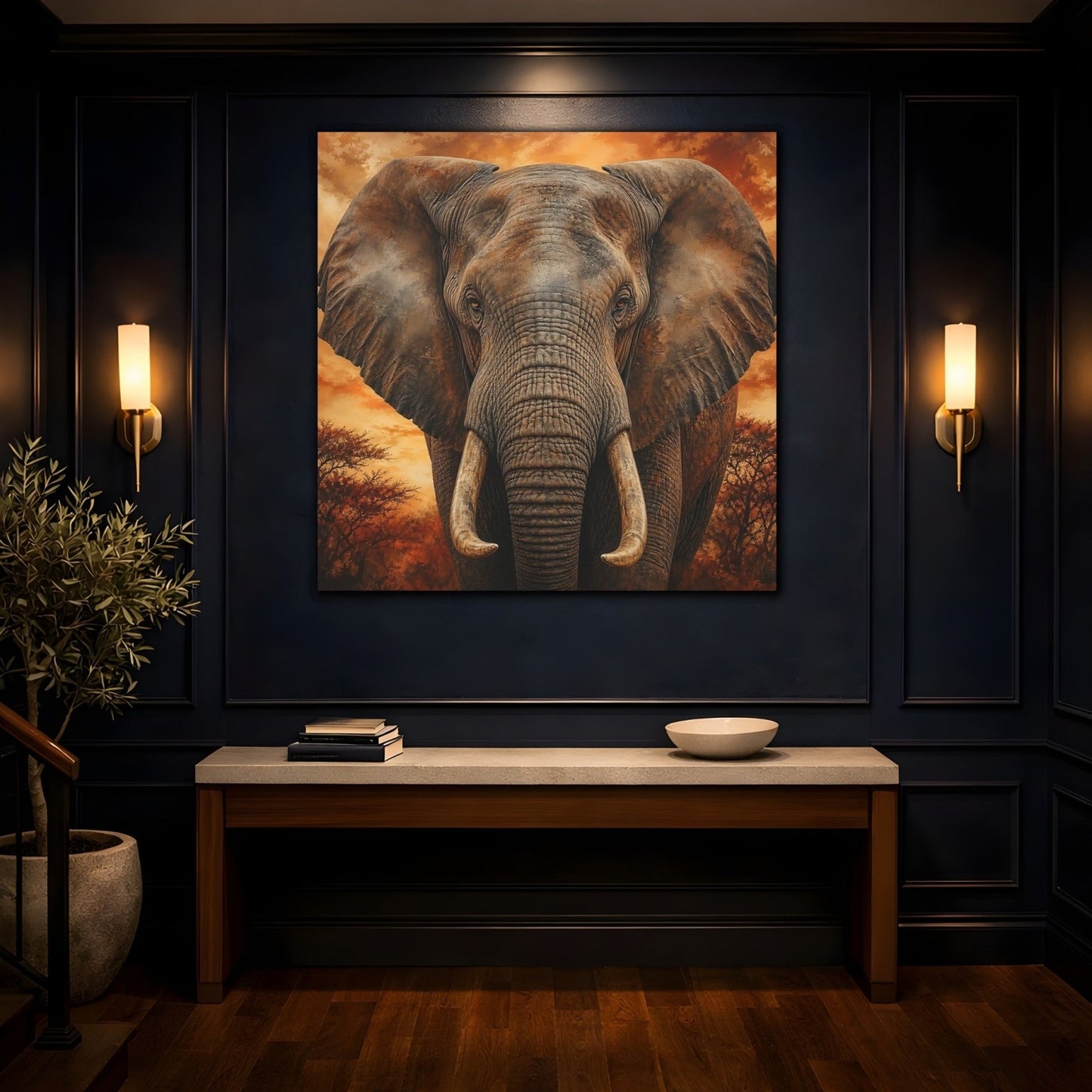 Animals Elephant Brown Orange Canvas Print Wall Art – realistic Living Room, Above Fireplace - YesArtYes