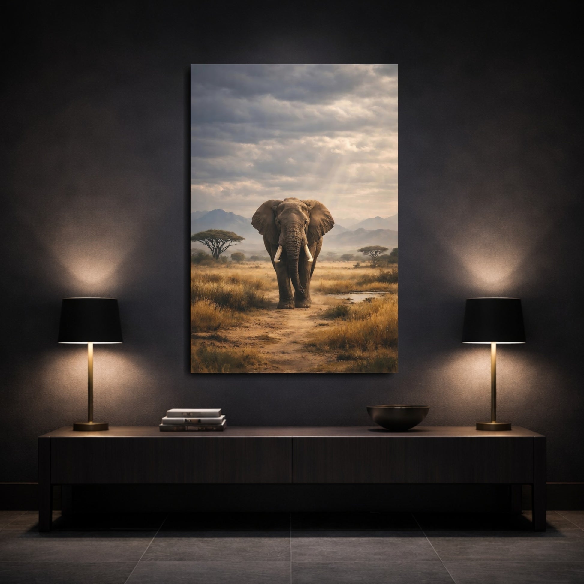 Mockup 2. Animals Elephant Earthy Elephant shown as stretched canvas wall art