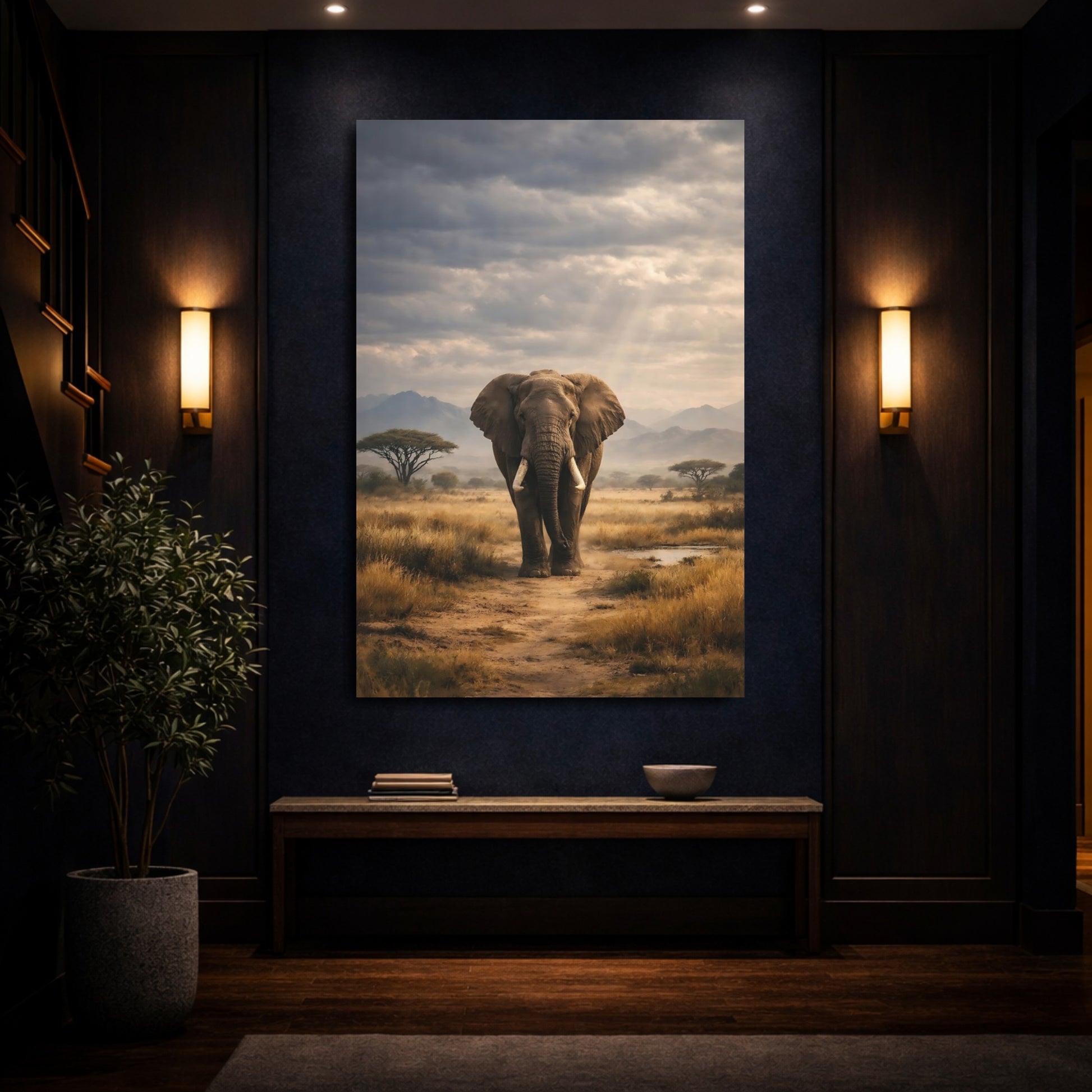 Mockup 3. Animals Elephant Earthy Elephant shown as stretched canvas wall art