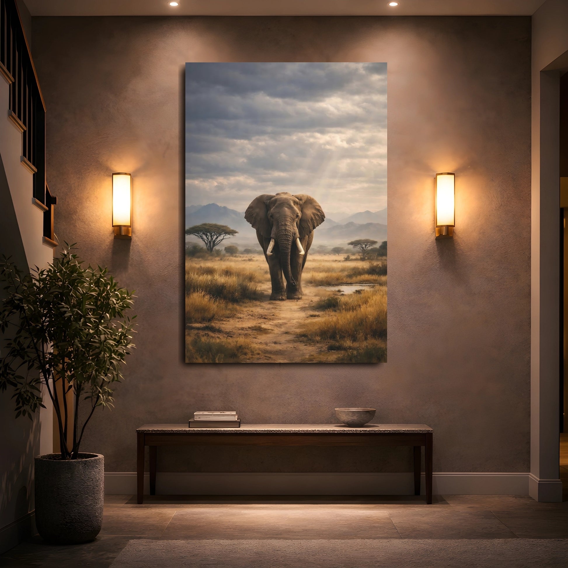 Mockup 4. Animals Elephant Earthy Elephant shown as stretched canvas wall art