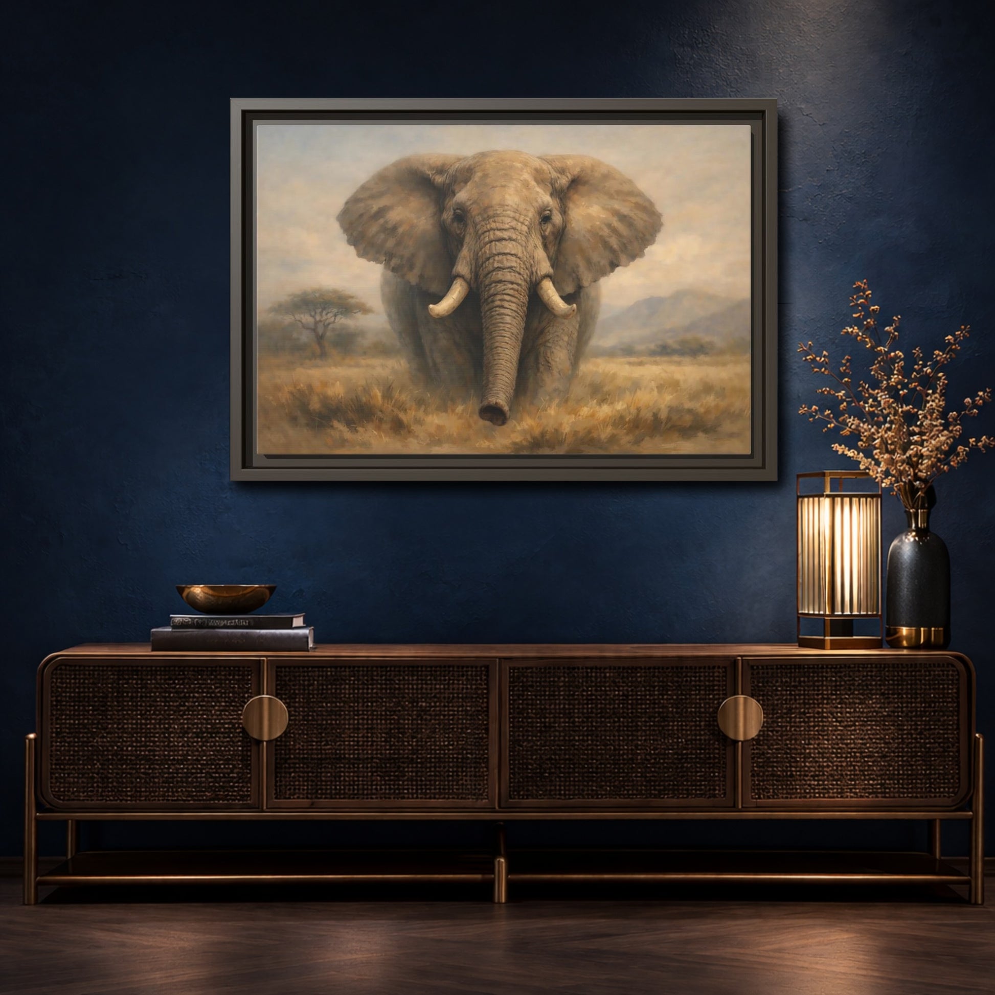 Mockup 4. Animals Elephant Elephant Savanna shown as stretched canvas wall art