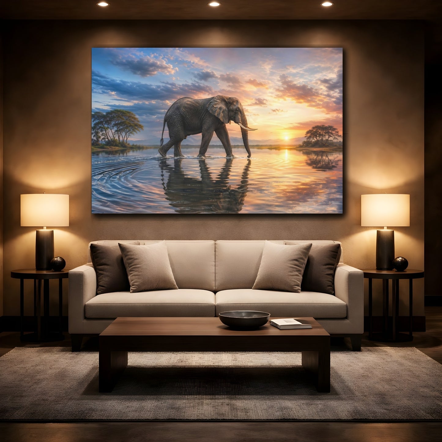 Mockup 2. Animals Elephant Elephant Sunset shown as stretched canvas wall art