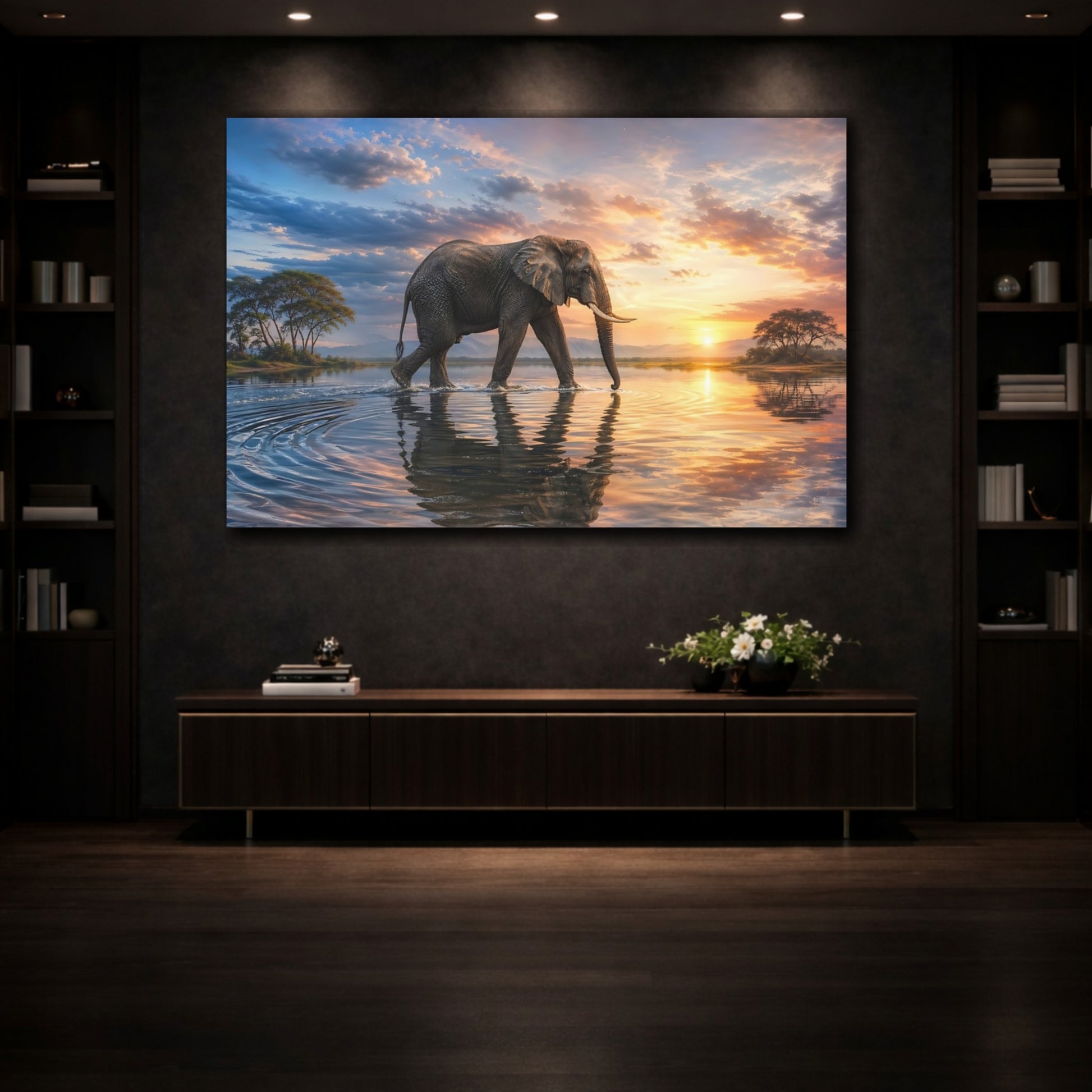 Mockup 3. Animals Elephant Elephant Sunset shown as stretched canvas wall art